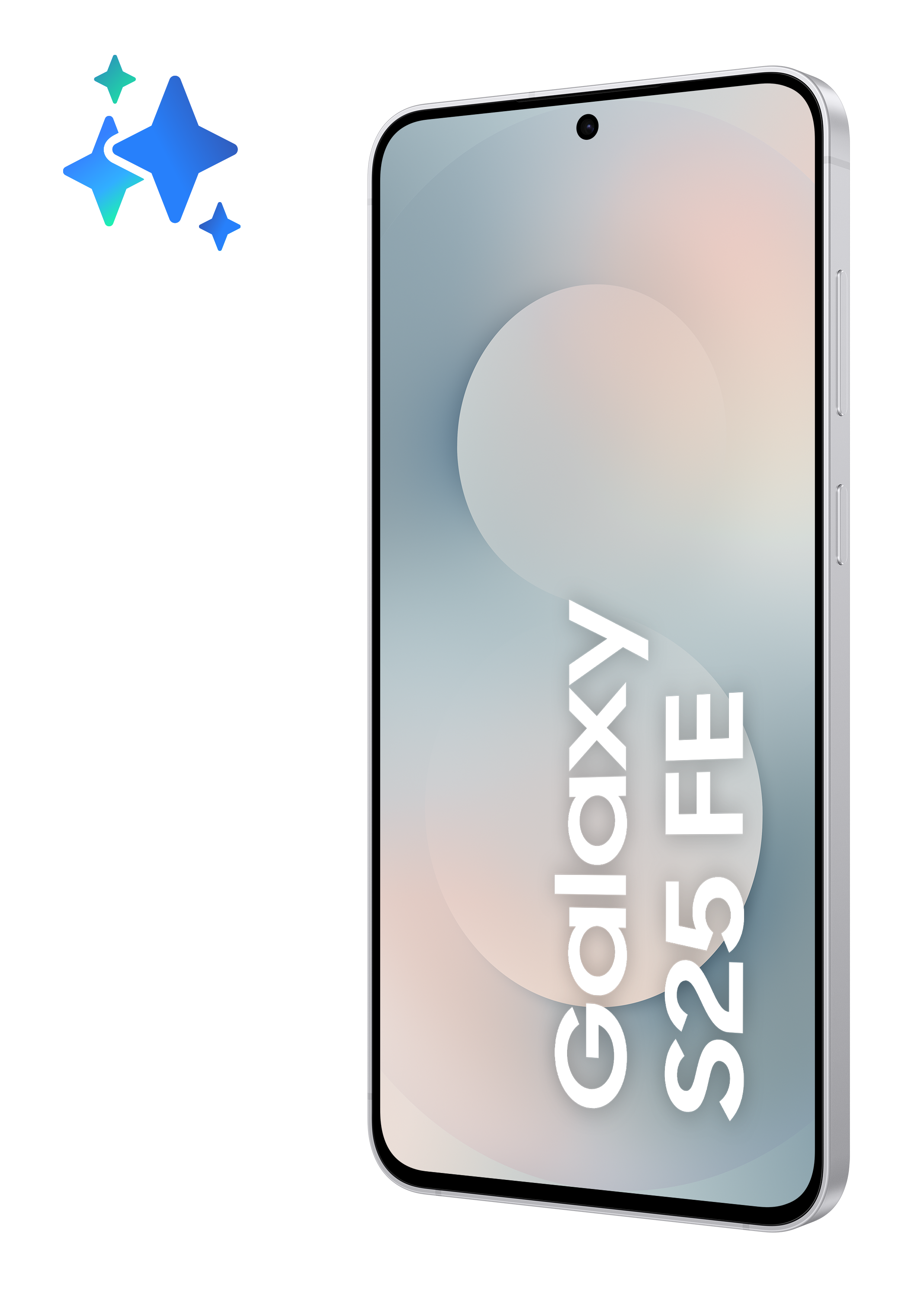 Smartfon z białą ramką, z tekstem Galaxy S25 FE na ekranie. Po lewej stronie znajdują się niebieskie gwiazdy.
