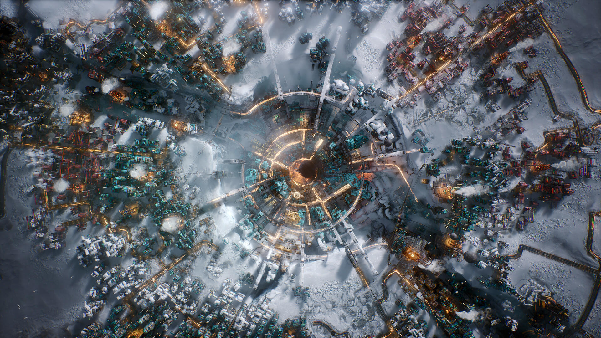 Draufsicht auf eine futuristische Stadt mit miteinander verbundenen Gebäuden und leuchtenden Wegen. Schnee umgibt die Stadt und erzeugt einen starken Kontrast.