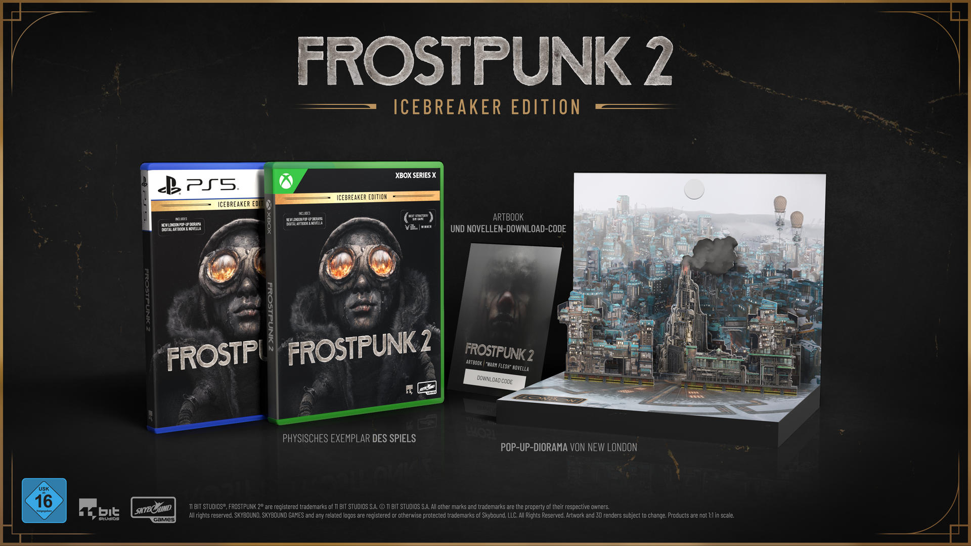 Frostpunk 2 Icebreaker Edition Boxset mit PS5 und Xbox Series X Versionen, Artbook, Novella und New London Pop-up Diorama.