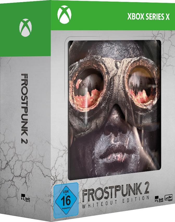 Frostpunk 2 Xbox Series X-Spielbox. Dunkles Bild eines Gesichts mit Schutzbrille. Grünes Xbox-Logo und Text oben. USK 16-Bewertung.