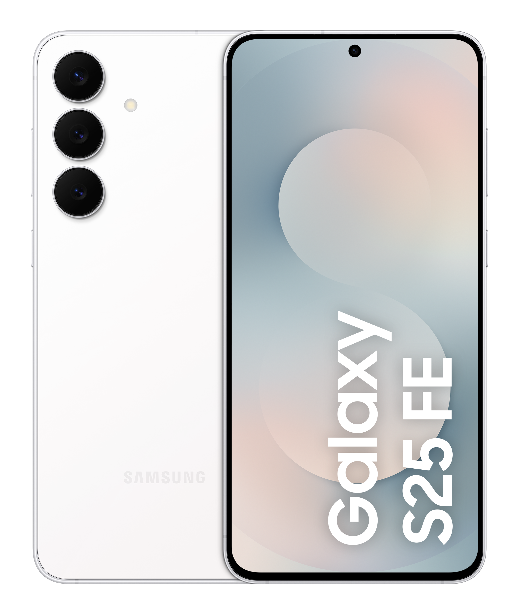 Biały telefon Samsung Galaxy S25 FE. Trzy tylne kamery, przednia kamera, a ekran wyświetla nazwę.