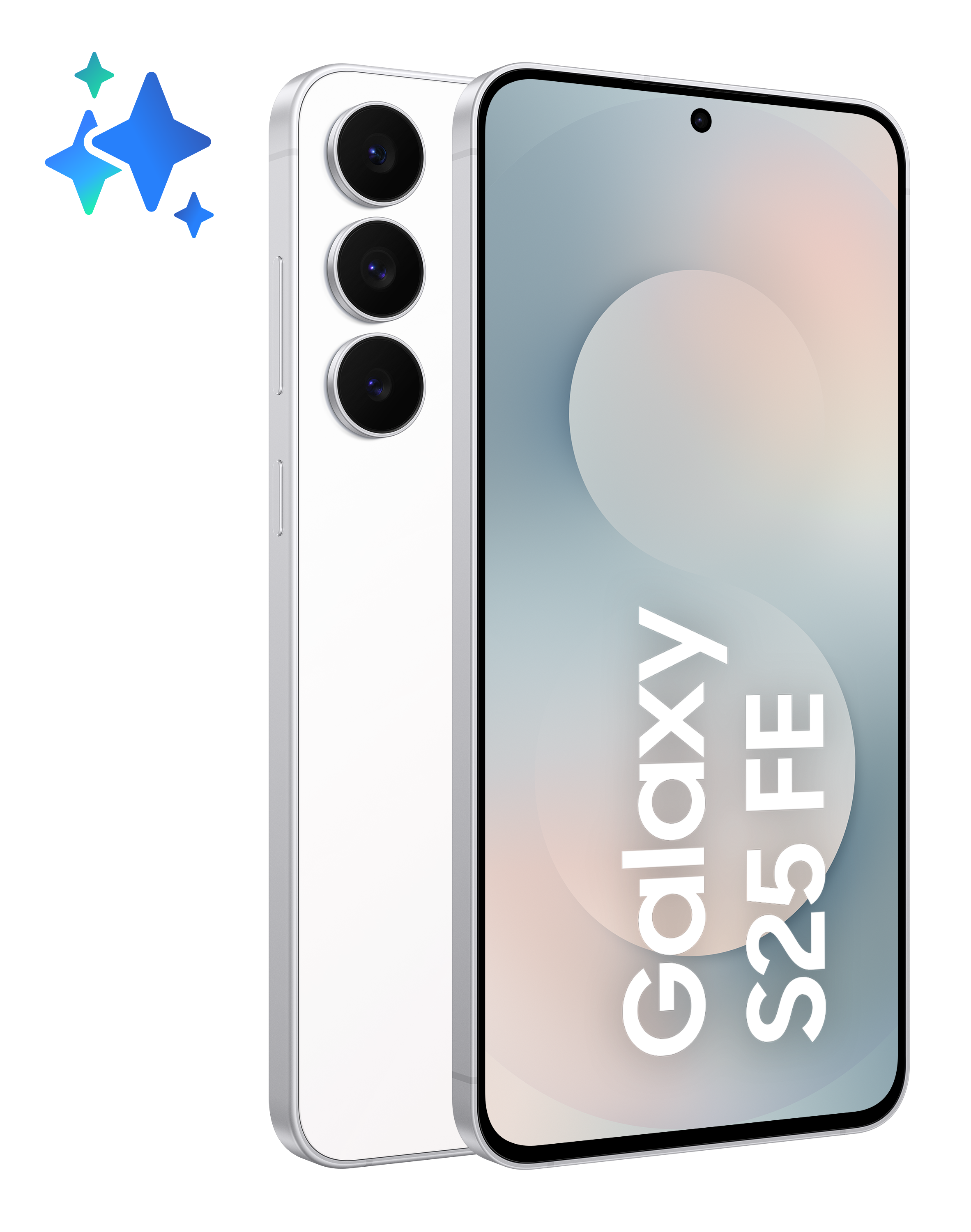 Biały smartfon z trzema aparatami, ekran wyświetla 'Galaxy S25 FE'. Niebieskie ikony gwiazd po lewej. Czarne tło.