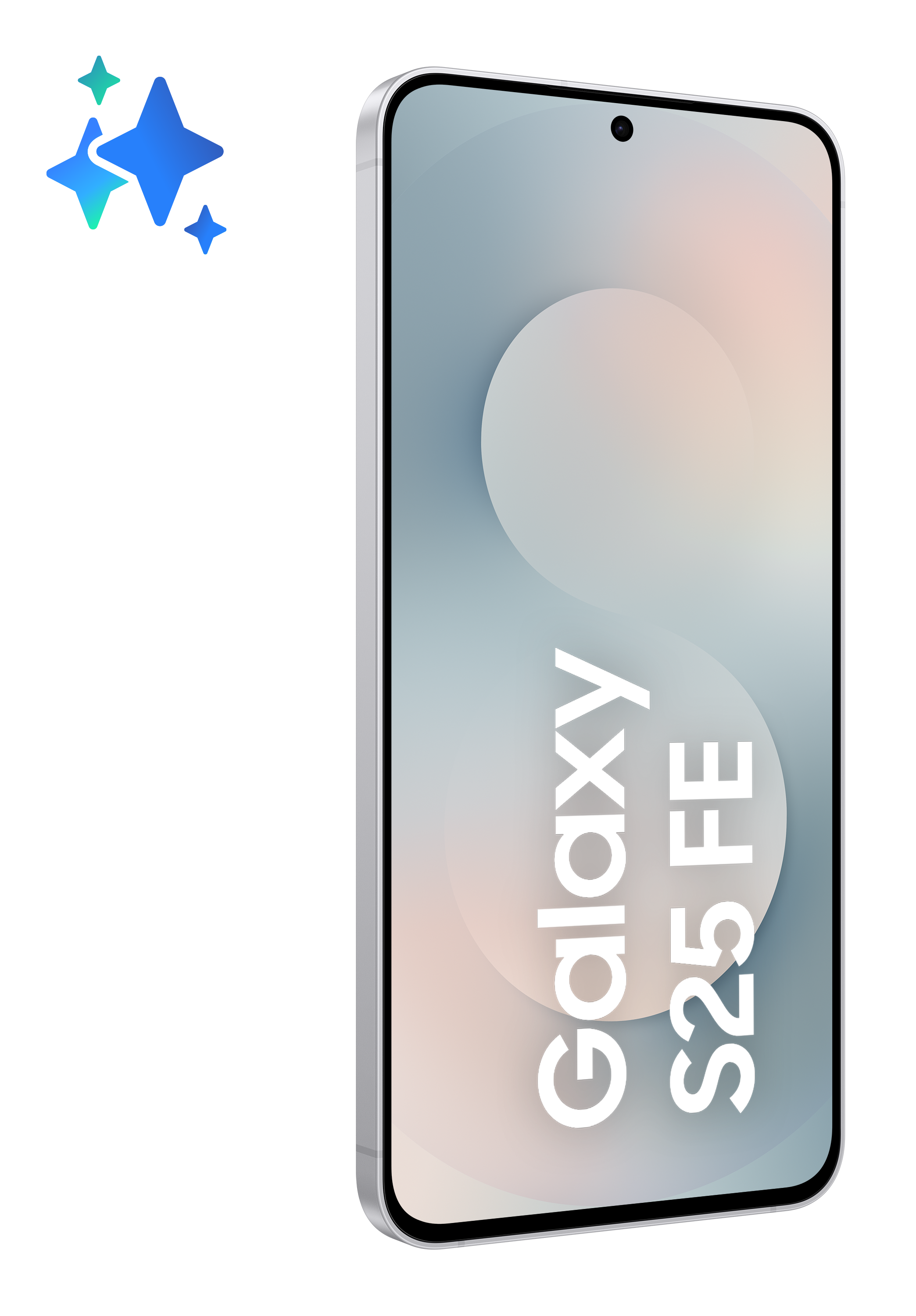 Srebrny smartfon z gradientowym ekranem, tekst "Galaxy S25 FE". Niebieskie gwiazdy u góry po lewej.