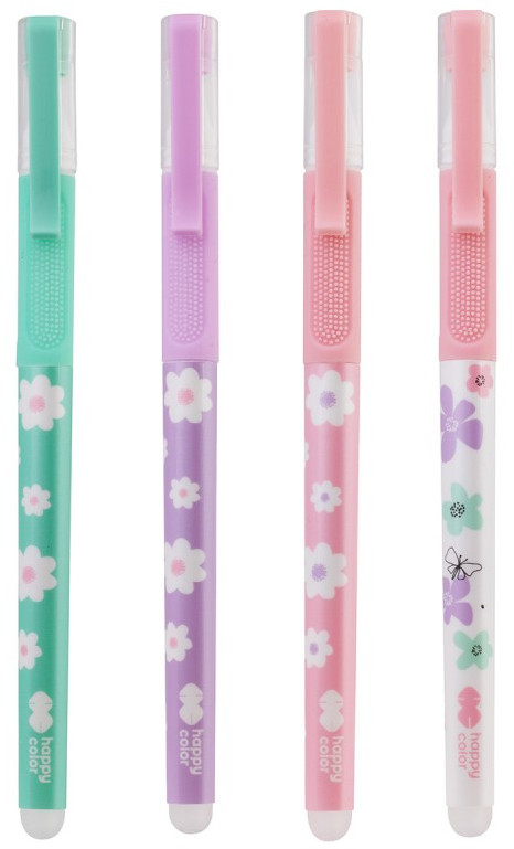 Cztery kolorowe długopisy z kwiatowymi wzorami. Kolory to zielony, fioletowy, różowy i biały. Każdy ma przezroczystą nasadkę i końcówkę.