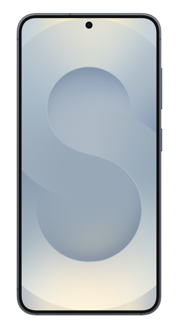 Smartfon z jasnoniebieskim gradientem na ekranie. Ciemna kropka na górze pośrodku. Ekran przedstawia dużą, zakrzywioną literę S.