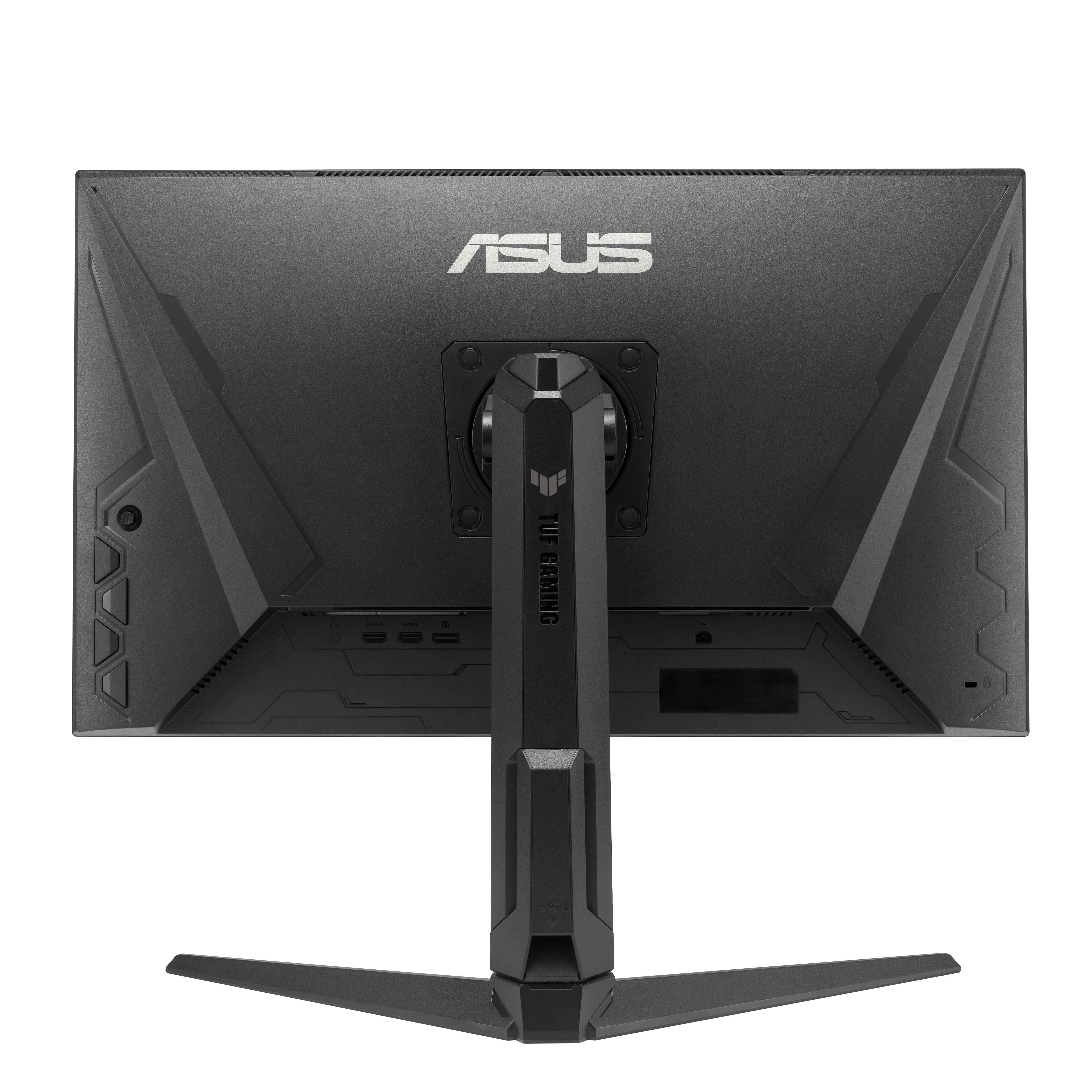 Rückseite eines schwarzen ASUS TUF Gaming Monitors. Er hat einen Ständer und das ASUS-Logo. Anschlüsse und Knöpfe sind sichtbar.