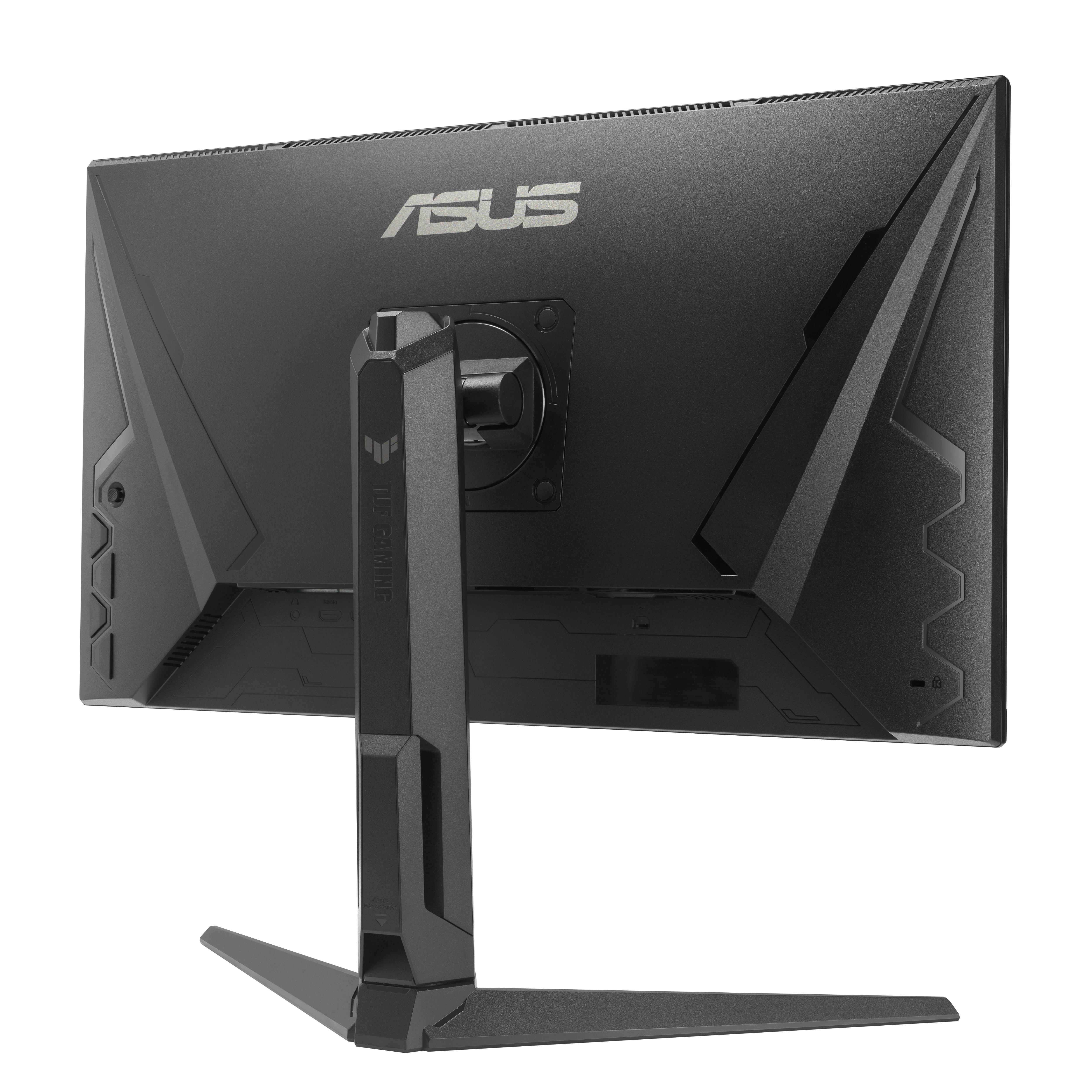 Rückansicht eines schwarzen ASUS-Monitors. Der Monitor steht auf einem Ständer. Das ASUS-Logo ist sichtbar.