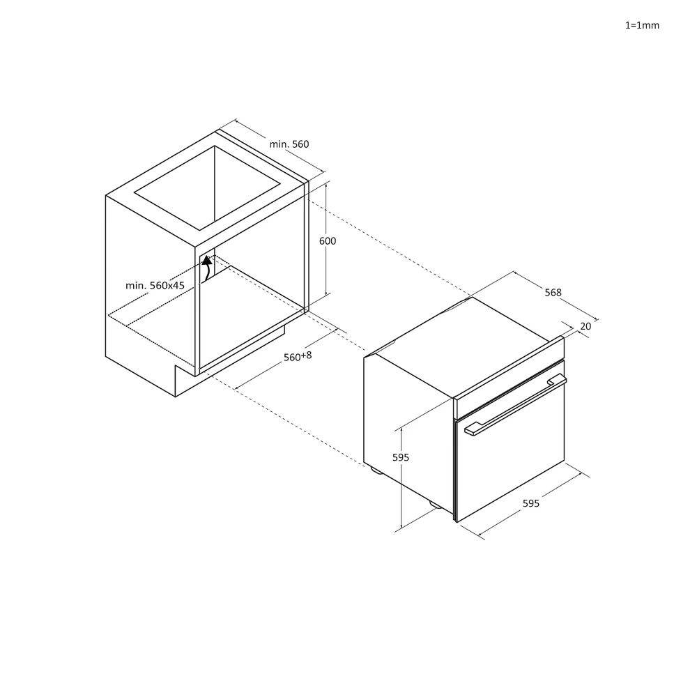 Egy beépített sütő és szekrényének diagramja. A méretek milliméterben vannak megadva. A sütőnek van fogantyúja és ajtaja.