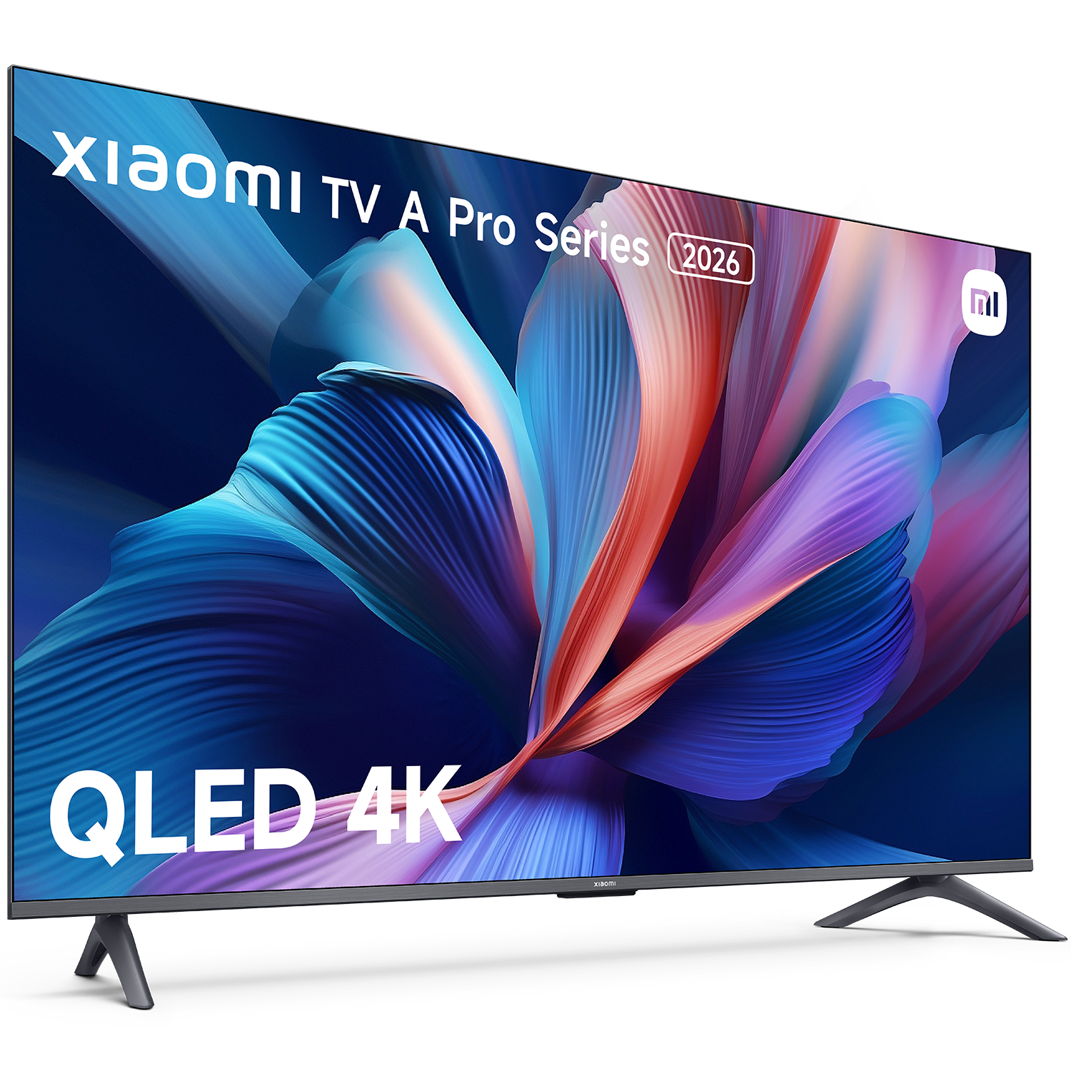 Xiaomi TV A Pro Series 2026 QLED 4K. Televisor con fondo abstracto colorido. Soporte gris oscuro, sobre fondo negro.