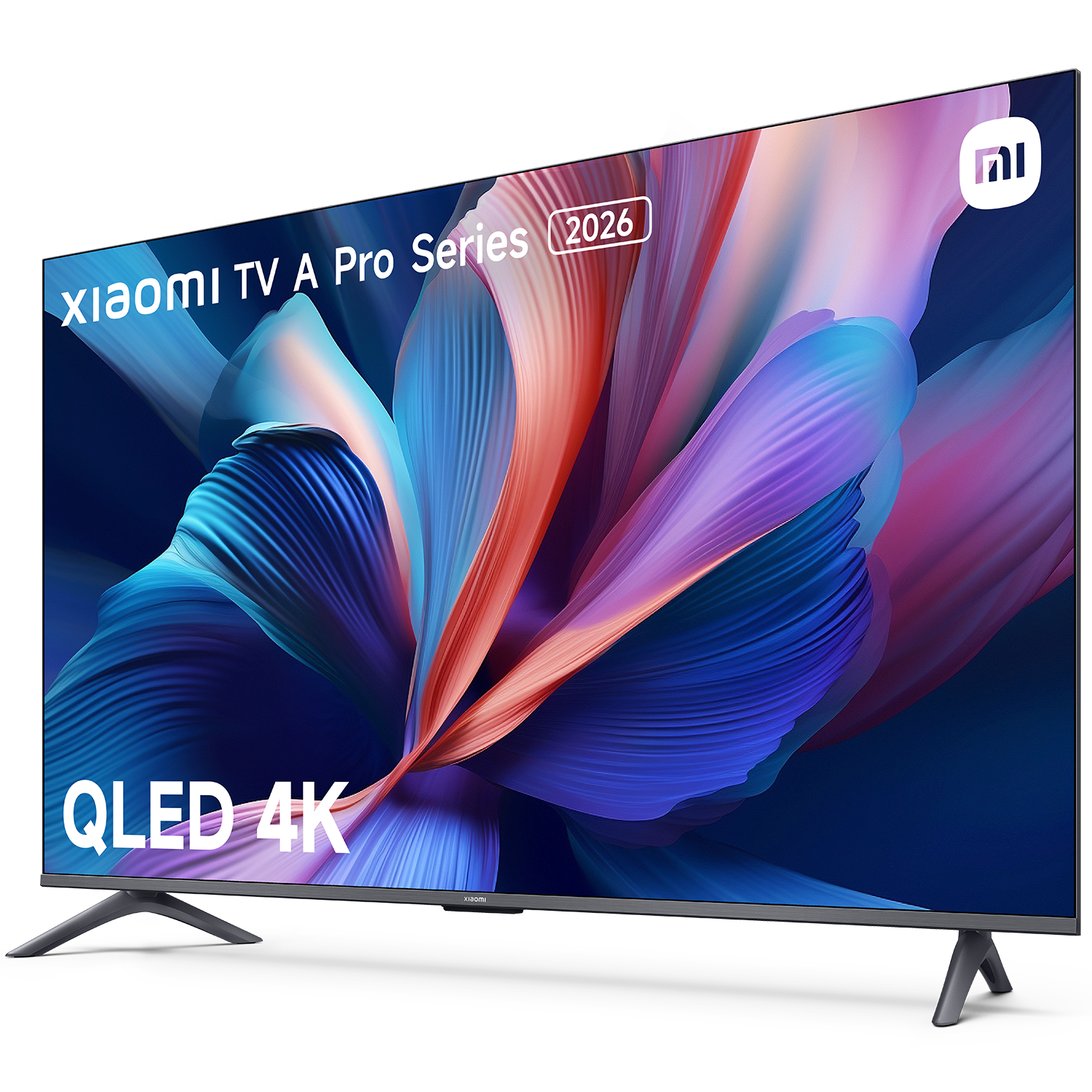 Xiaomi TV A Pro Series 2026 QLED 4K. Pantalla grande con arte abstracto colorido. Tiene un logotipo de Xiaomi y soportes.