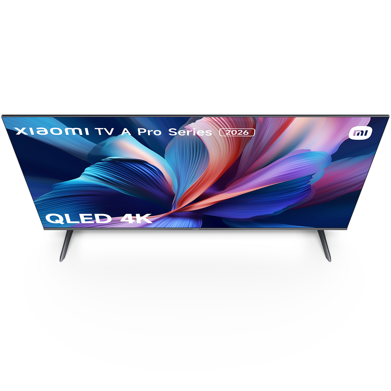 Un televisor Xiaomi TV A Pro Series 2026 QLED 4K. La pantalla muestra un diseño abstracto colorido. Tiene patas delgadas y un marco negro.