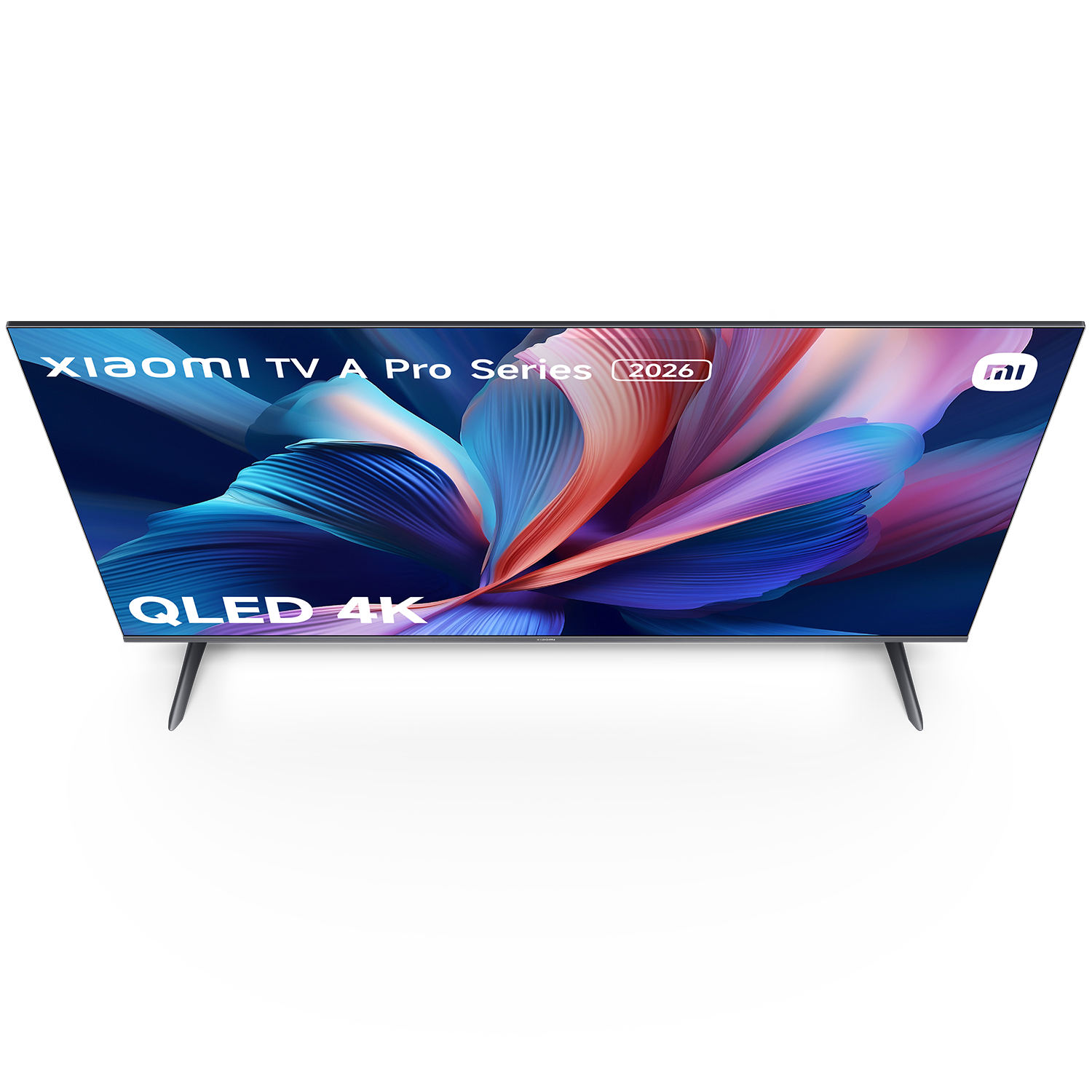 Xiaomi TV A Pro Series 2026 QLED 4K TV. La pantalla muestra arte abstracto con colores azul, rojo y blanco. Fondo negro.
