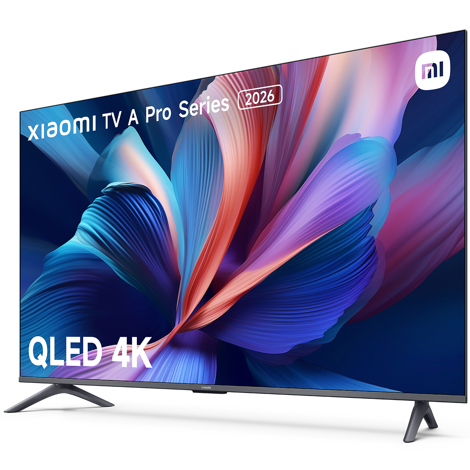 Xiaomi TV A Pro Series 2026 QLED 4K TV. La pantalla muestra un fondo abstracto colorido. El televisor tiene dos patas.