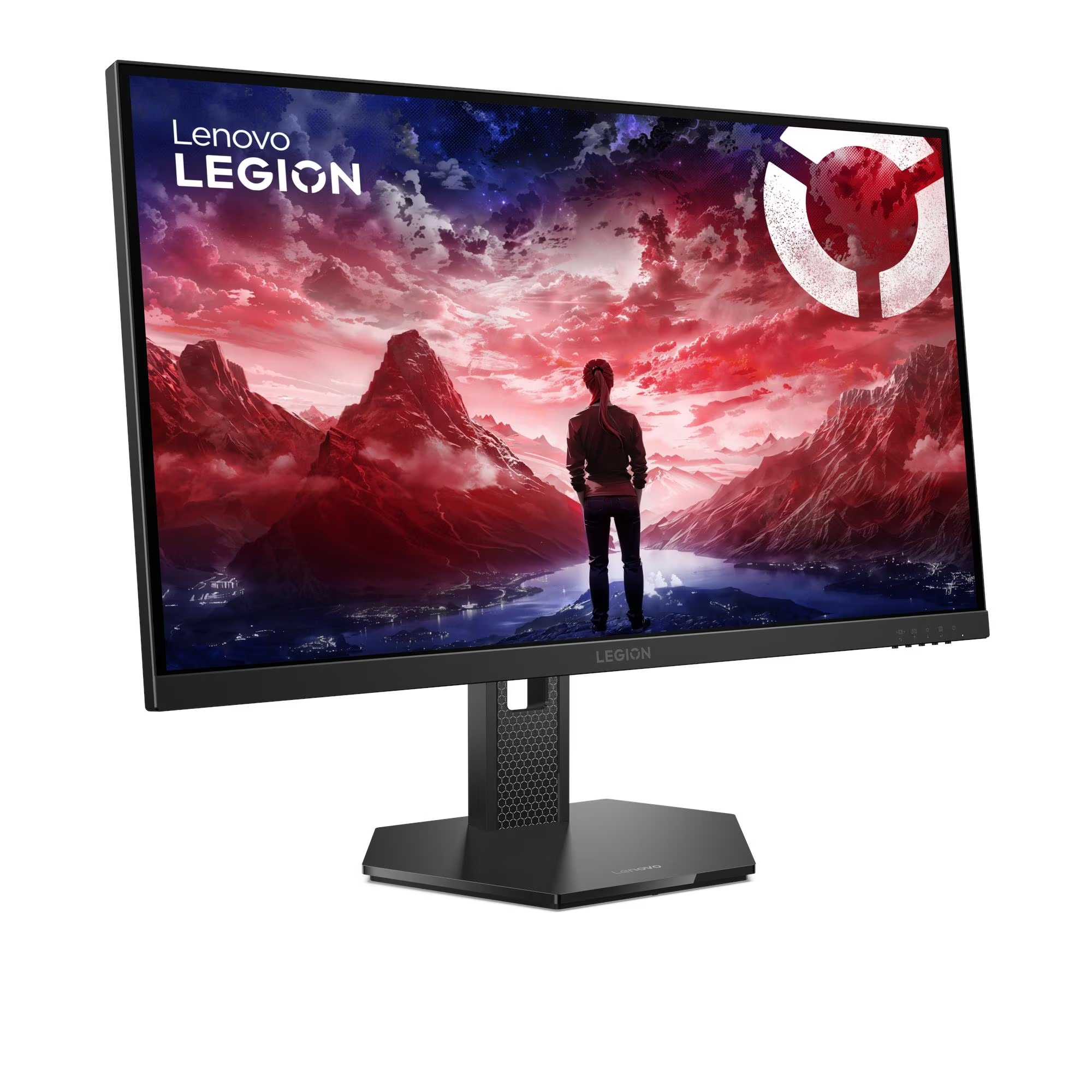 Monitor Lenovo Legion. Osoba stoi przed ognistym krajobrazem. Monitor jest czarny. Tło jest czerwone i niebieskie.