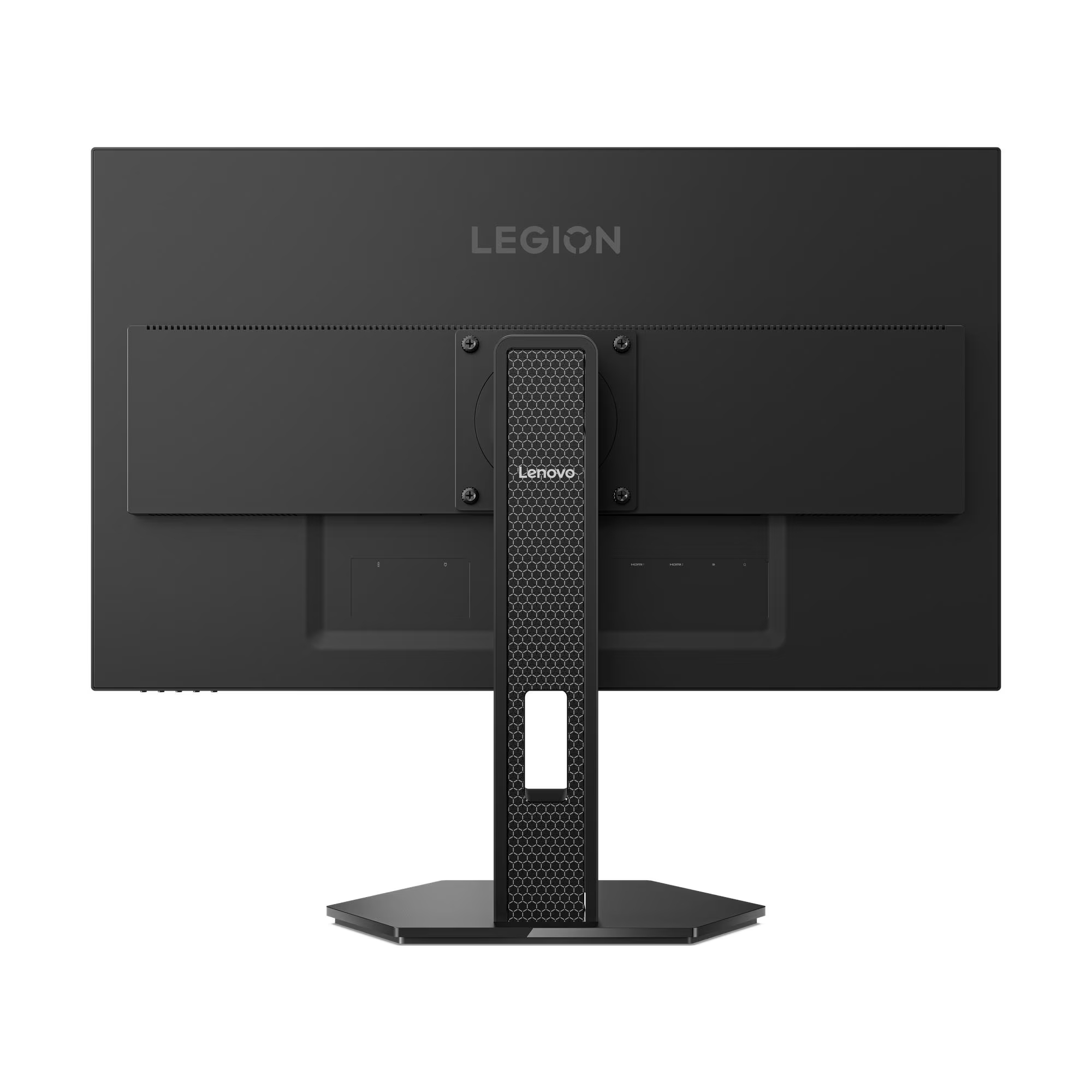 Tył czarnego monitora Lenovo Legion. Podstawa ma czarny sześciokątny kształt. Widoczne jest logo Lenovo.