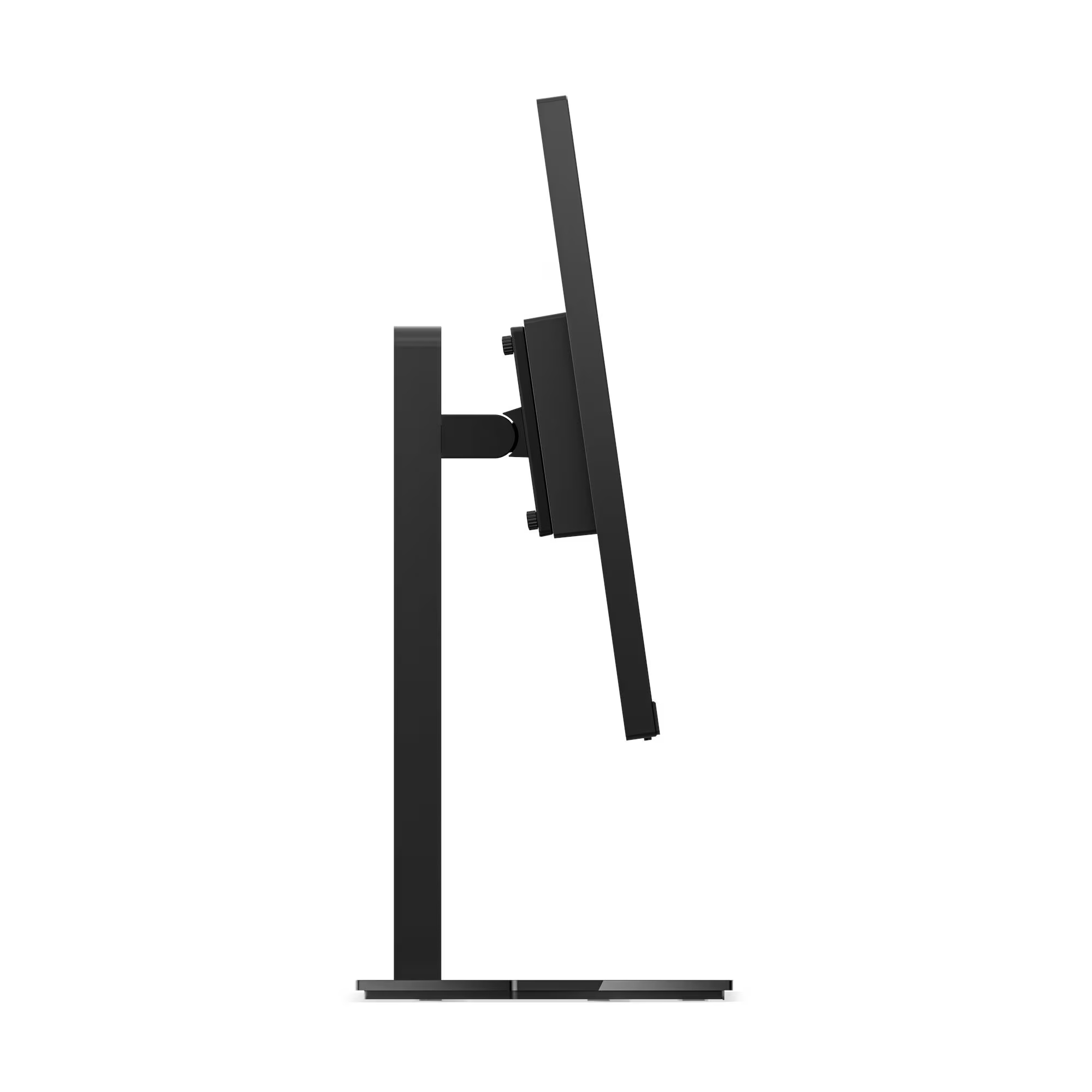 Czarny monitor komputerowy pokazany z boku. Ekran jest pod kątem. Podstawa to pionowy słup z prostokątną podstawą.