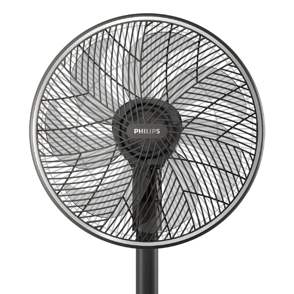 Un ventilador de pie Philips negro con una jaula circular y aspas giratorias. El ventilador está sobre un poste negro sobre un fondo blanco.