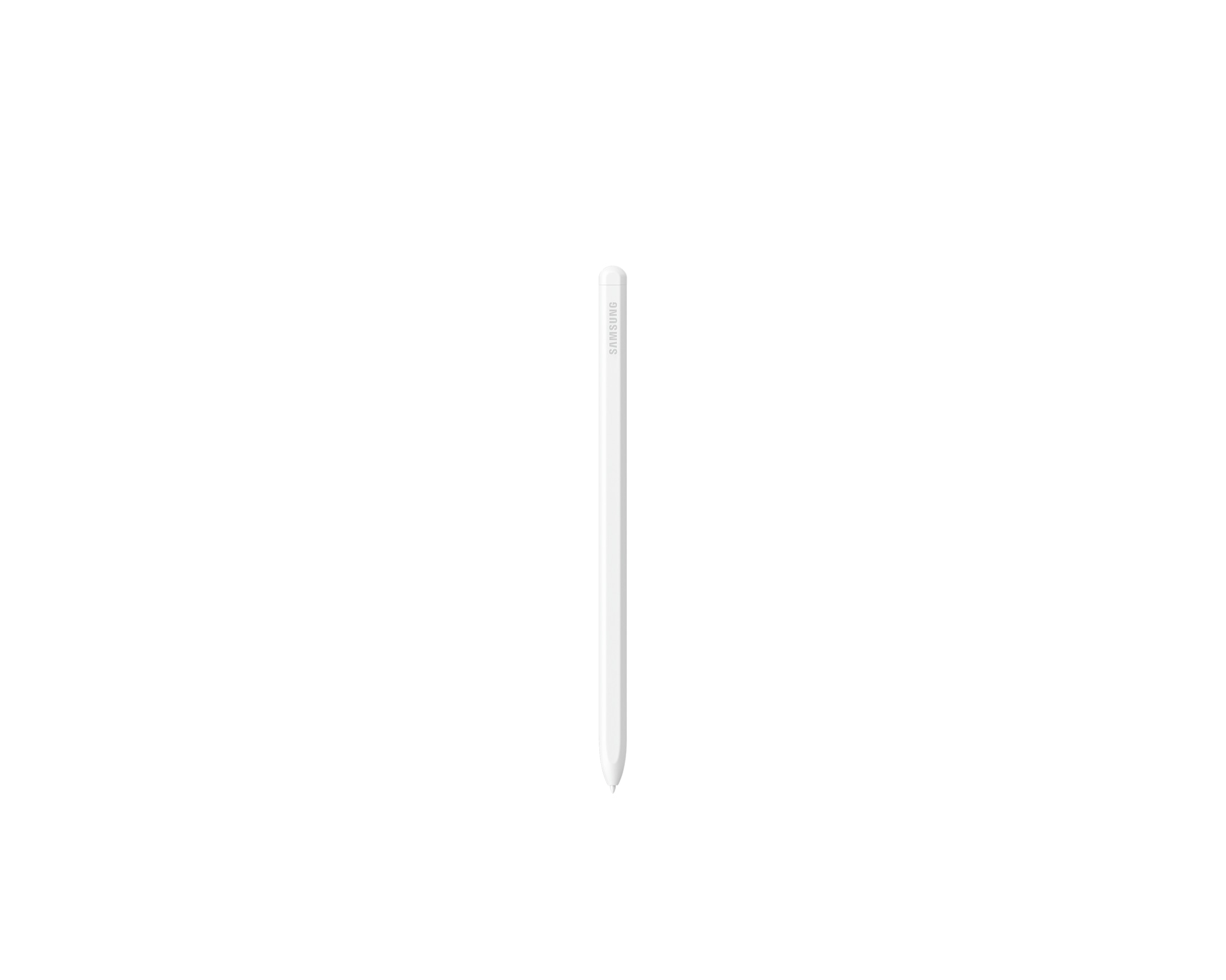 Ein weißer Samsung S Pen ist vertikal auf weißem Hintergrund zentriert. Der Stift ist schlank und hat das Samsung-Logo.