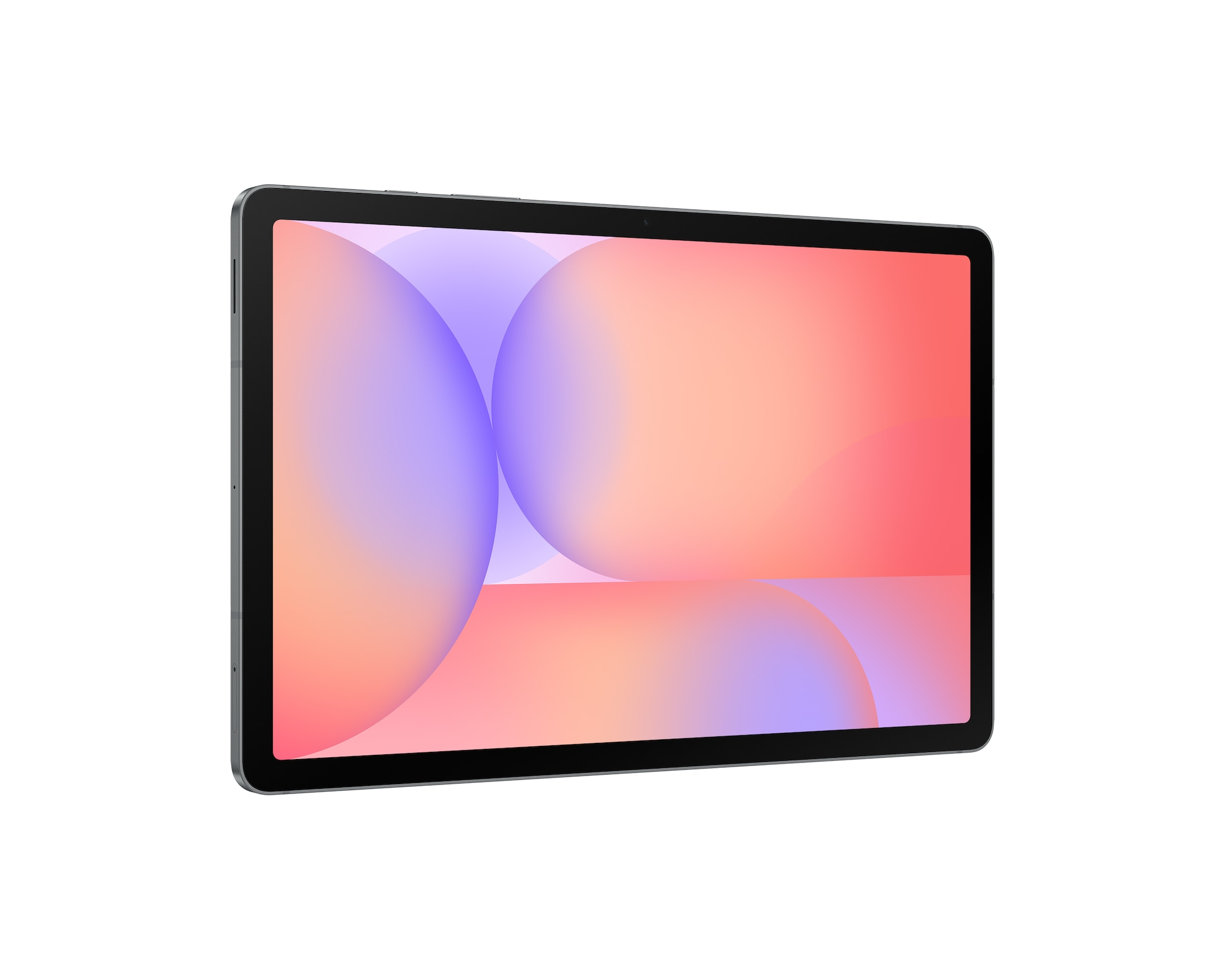 Ein Tablet mit schwarzem Rahmen und einem bunten Bildschirm, der einen Farbverlauf aus rosa, orangefarbenen und lila Kreisen zeigt, auf weißem Hintergrund.