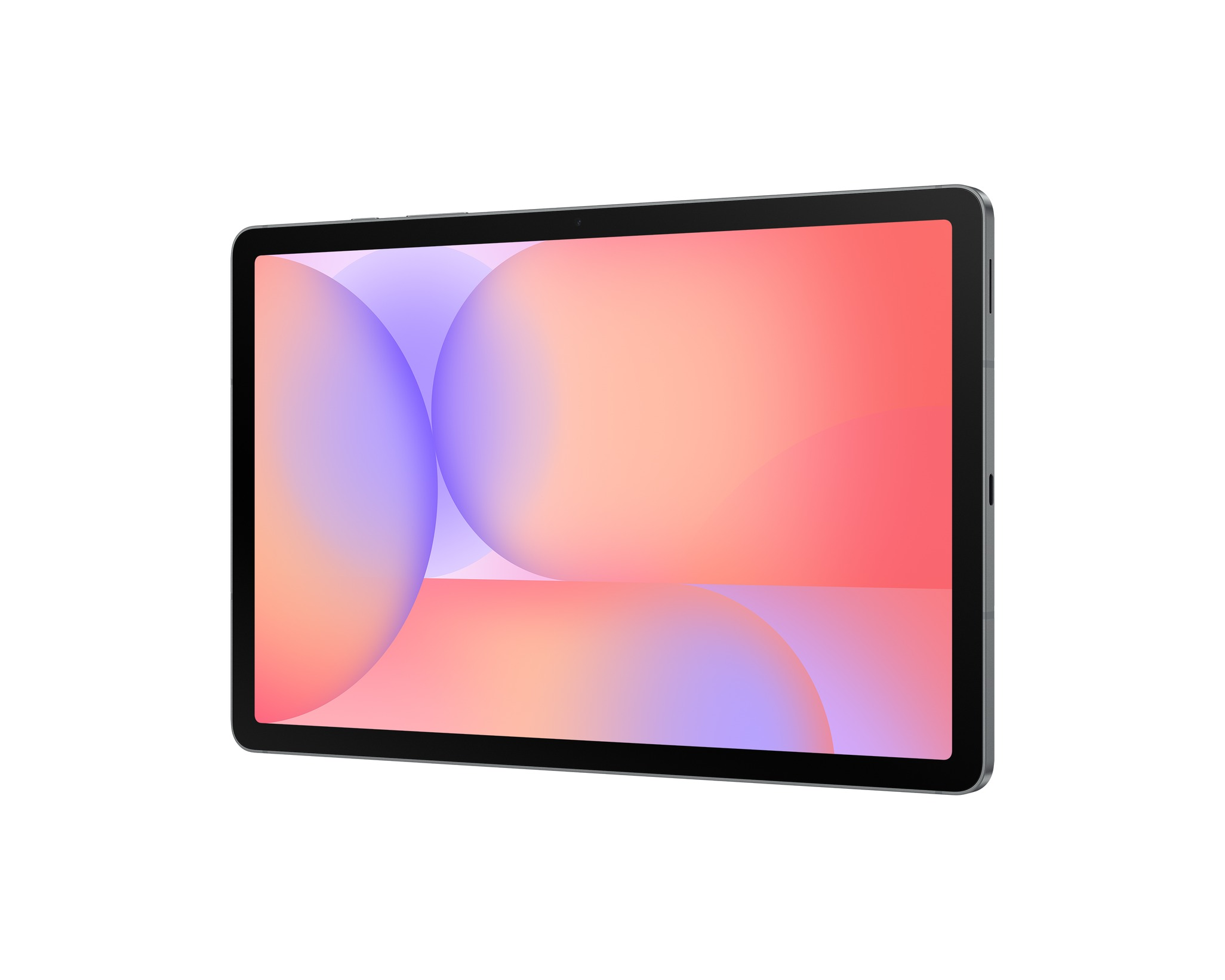 Ein Tablet mit schwarzem Rahmen und einem Bildschirm mit Farbverlauf aus Rot-, Orange- und Lilatönen. Weißer Hintergrund.