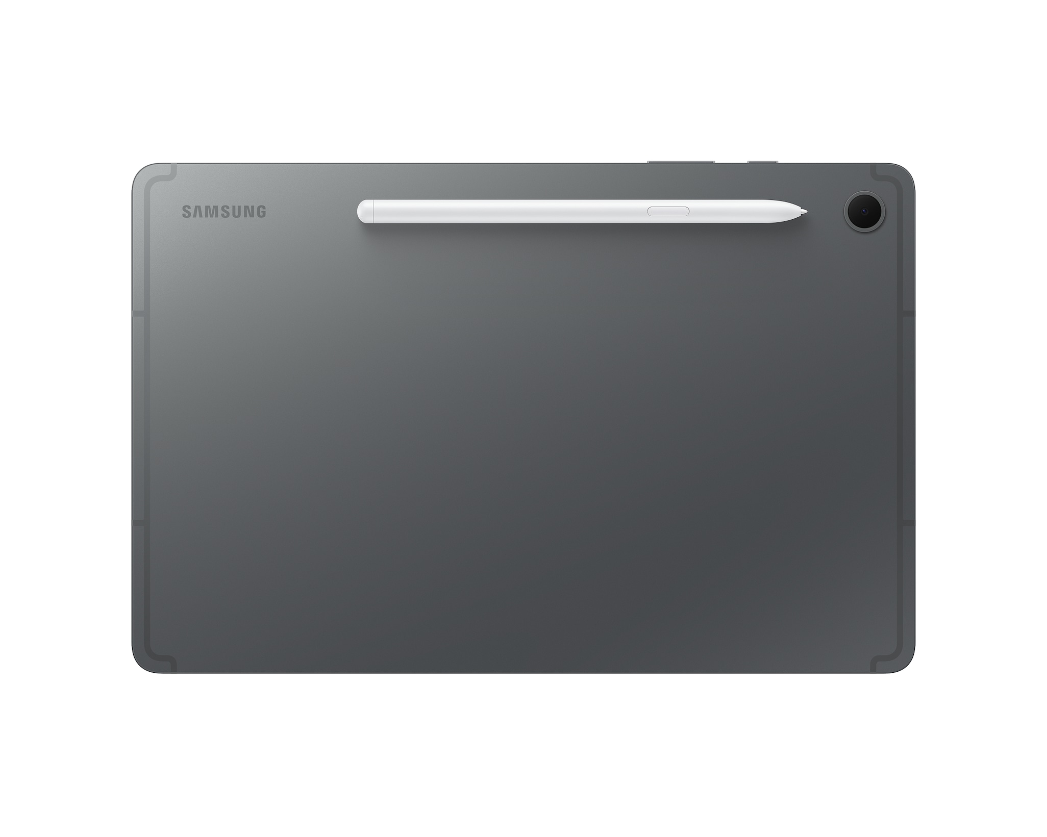 Rückseite eines dunkelgrauen Tablets mit weißem Stift, Samsung-Logo. Kamera und Taste oben rechts. Sauberer weißer Hintergrund.