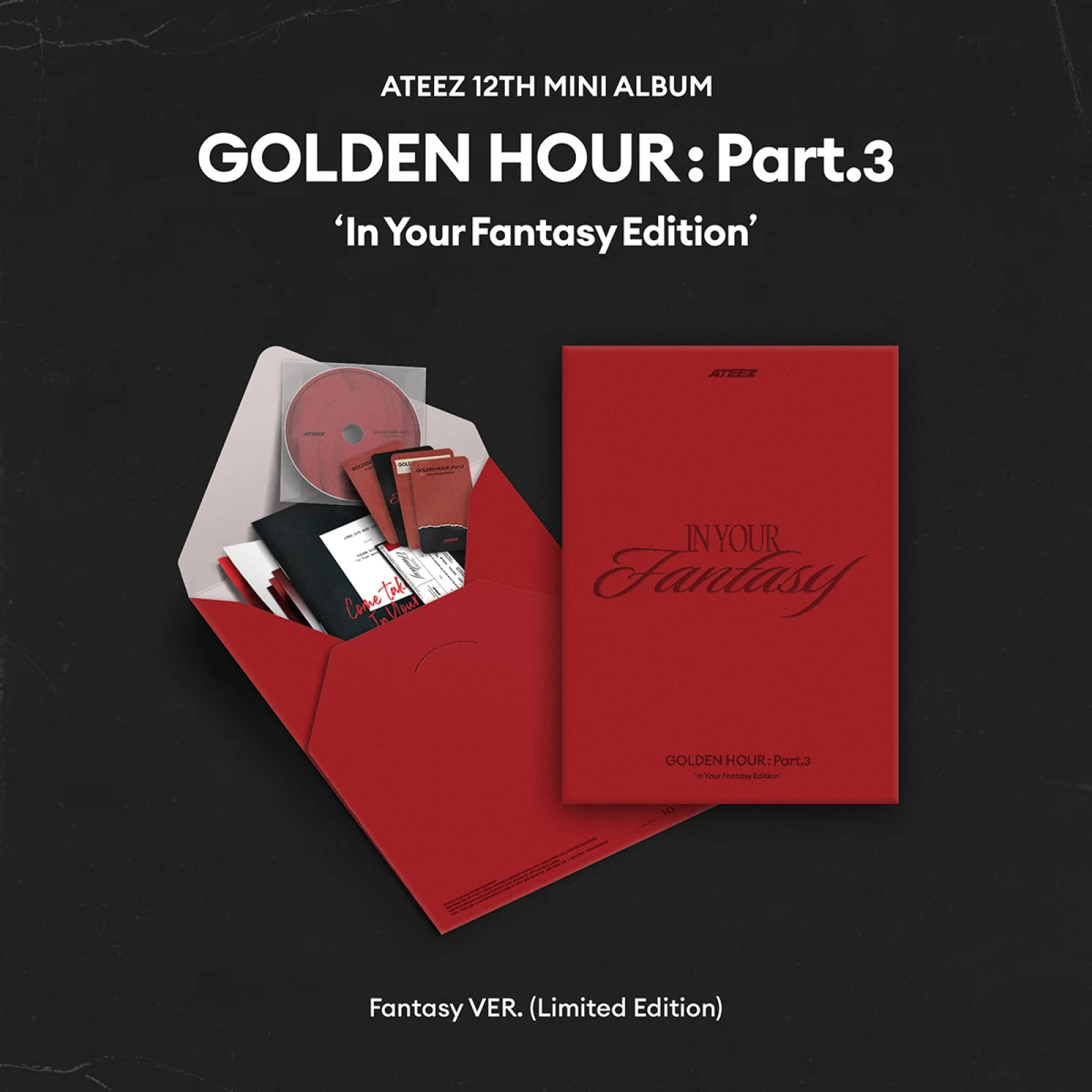 ATEEZ album borítója. Piros boríték CD-vel, kis könyvekkel és a 'In Your Fantasy' feliratú album borítója fekete háttéren.