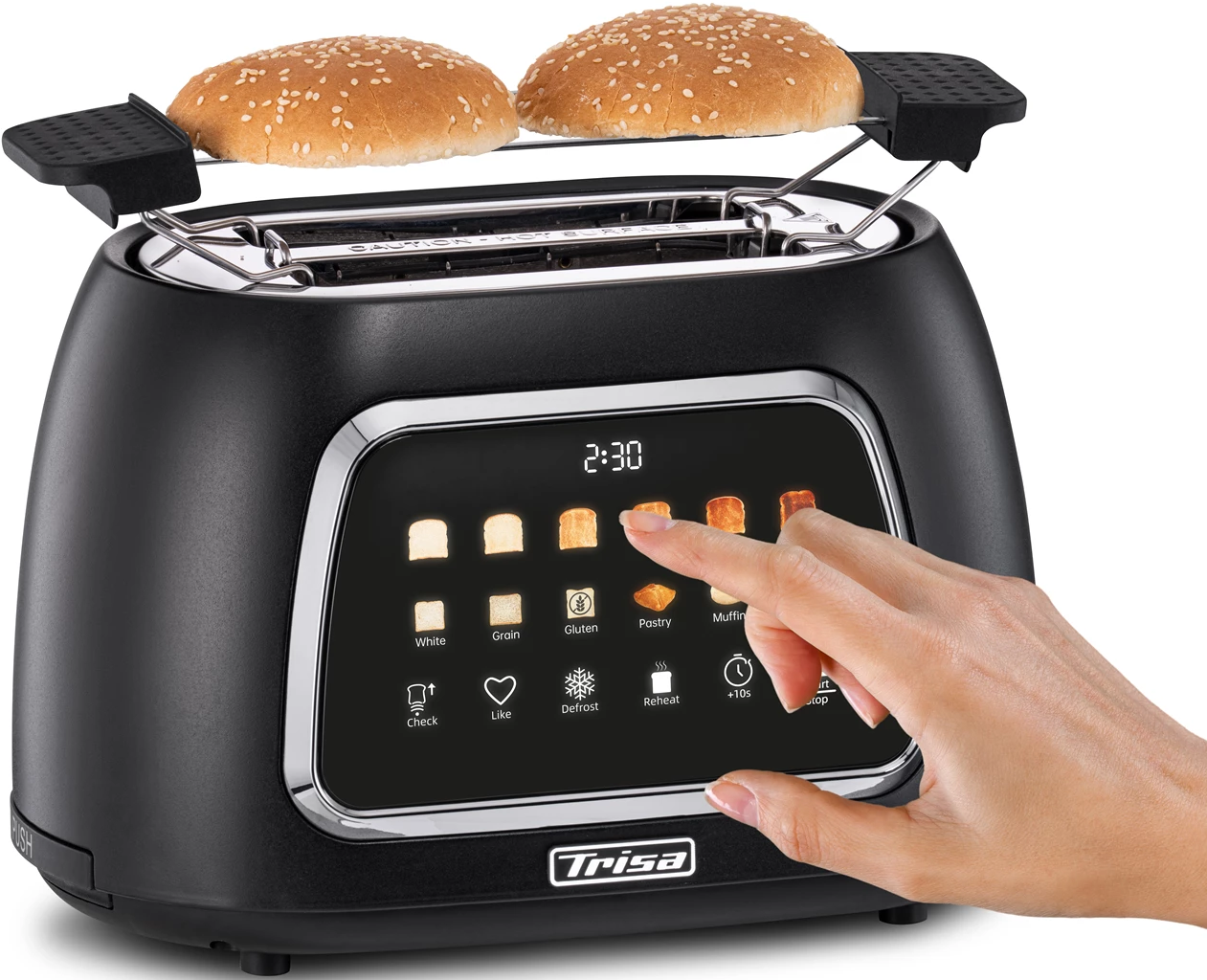 Un grille-pain noir avec deux petits pains dessus. Une main touche l'écran. L'écran affiche des options pour le type de pain et le temps.