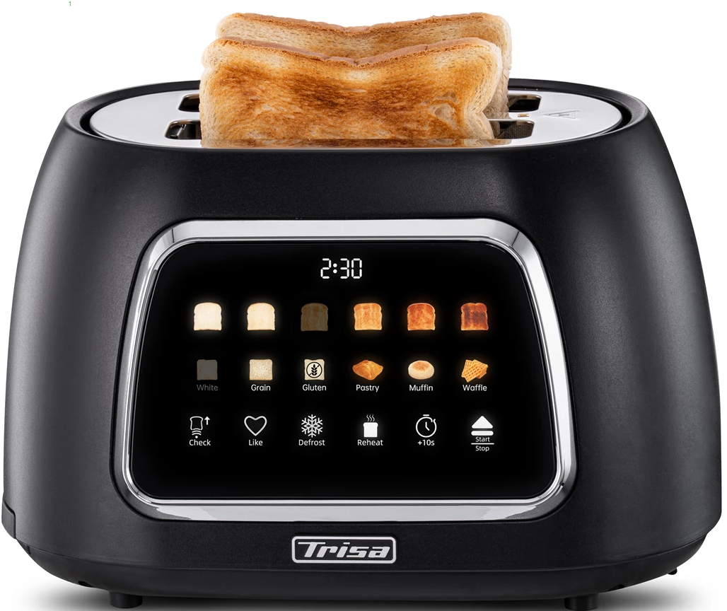 Un grille-pain noir avec deux tranches de pain grillé. Il dispose d'un écran numérique avec des options pour différents types de pain et fonctions.