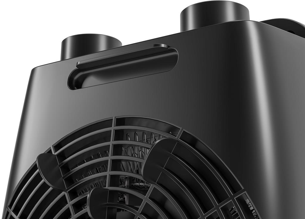 Primo piano di un riscaldatore elettrico nero. La parte anteriore ha una protezione per la ventola. La parte superiore ha due aperture cilindriche e una maniglia.