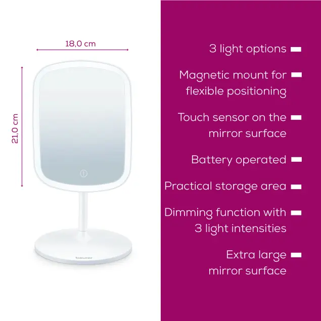 Weißer beleuchteter Schminkspiegel mit Sockel, Ständer und rechteckigem Spiegel. Merkmale: 3 Lichtoptionen, Touch-Sensor, Dimmfunktion.