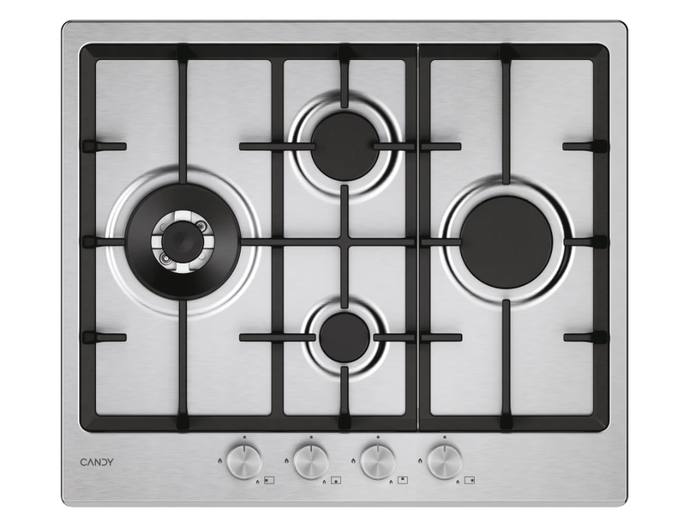 CANDY CHG6D4WTX Beépíthető gáz főzőlap 60cm, inox, 3+1 wok égő, öntöttvas rács, "Diamond" konfiguráció