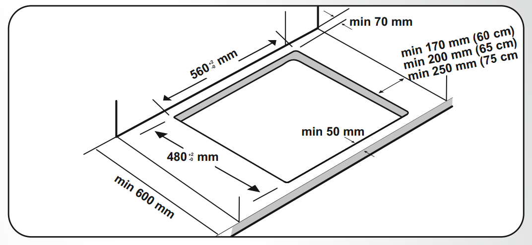 Diagram a konyhai készülék kivágásának méreteiről. mm-ben és cm-ben is tartalmaz méreteket. A minimális távolságok meg vannak adva.
