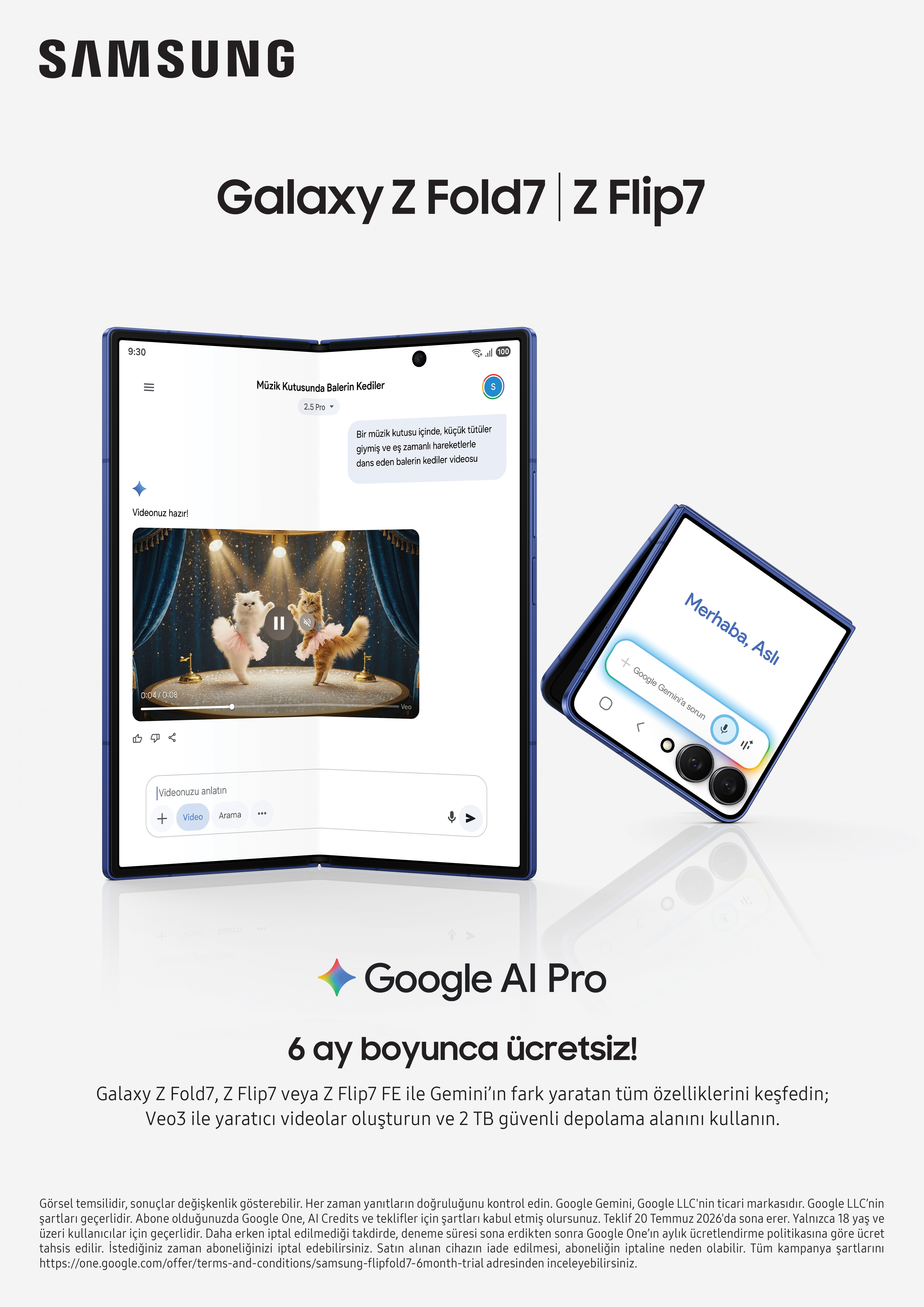 Mavi katlanabilir telefonlu Samsung reklamı. Ekranda, bale kıyafetli iki kedinin dans ettiği bir video var.
