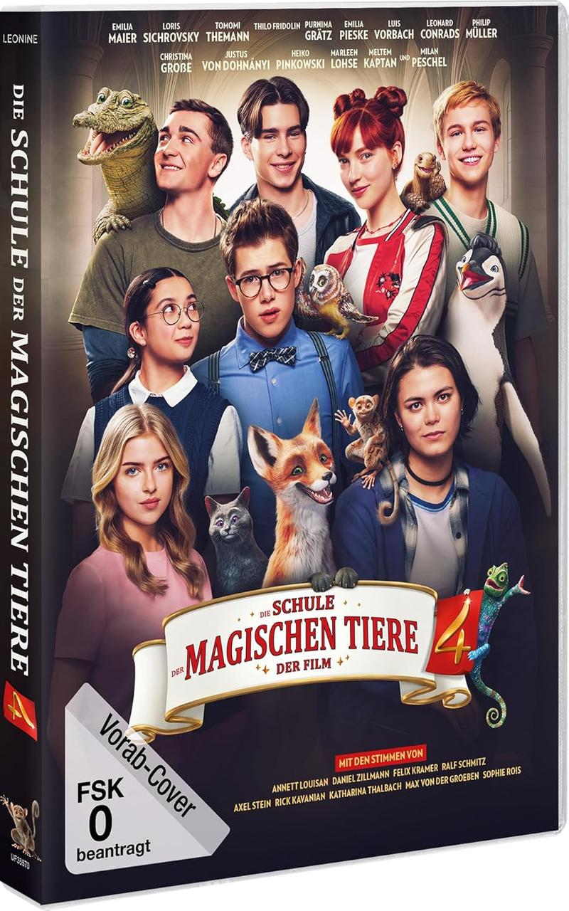 Filmposter von 'Die Schule der magischen Tiere 4'. Es zeigt eine Gruppe junger Schauspieler mit verschiedenen CGI-Tieren. Ein Fuchs, eine Eule und eine Eidechse sind sichtbar.