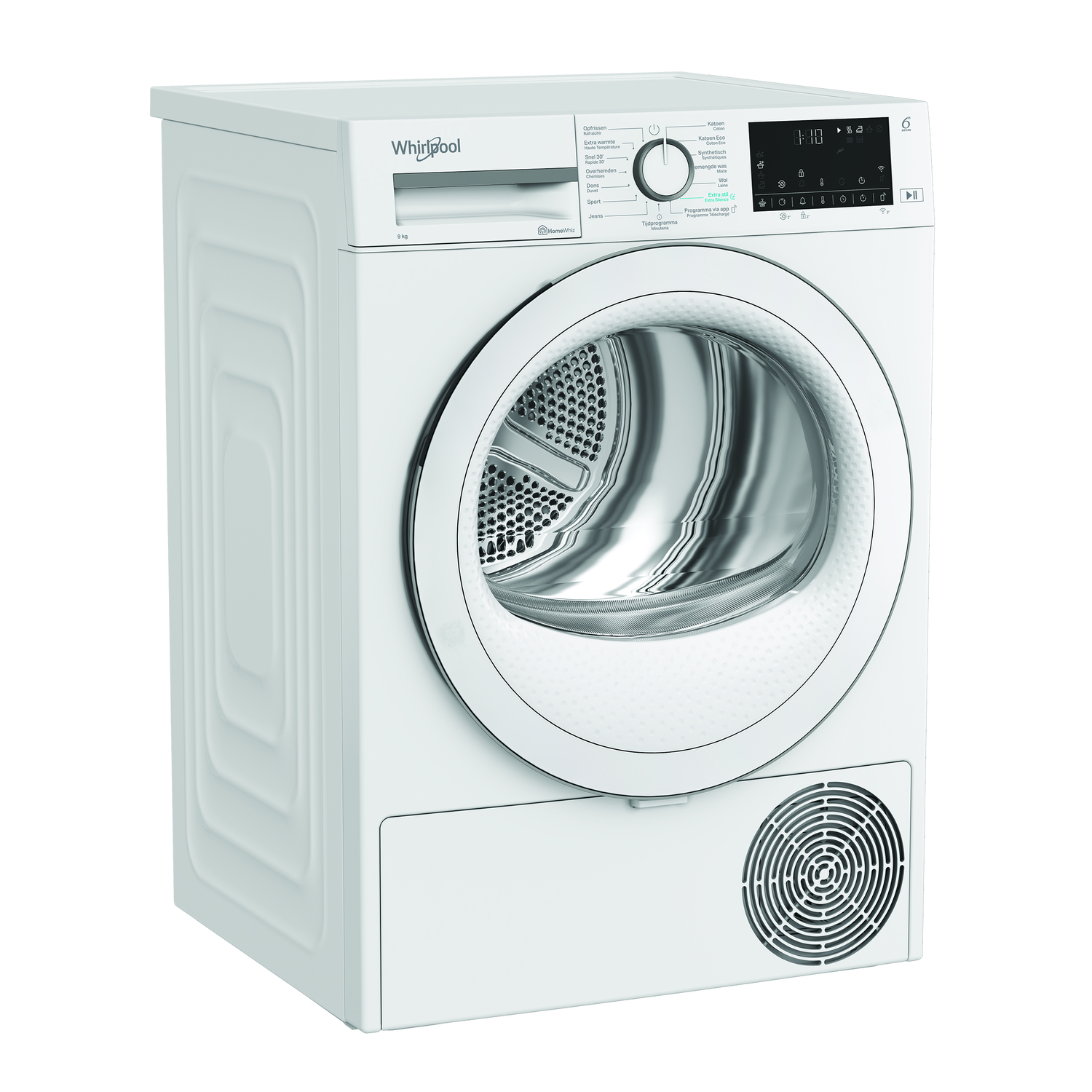 A white Whirlpool dryer. It has a round door, control panel, and a vent. The digital display shows time. The machine is on a white surface.