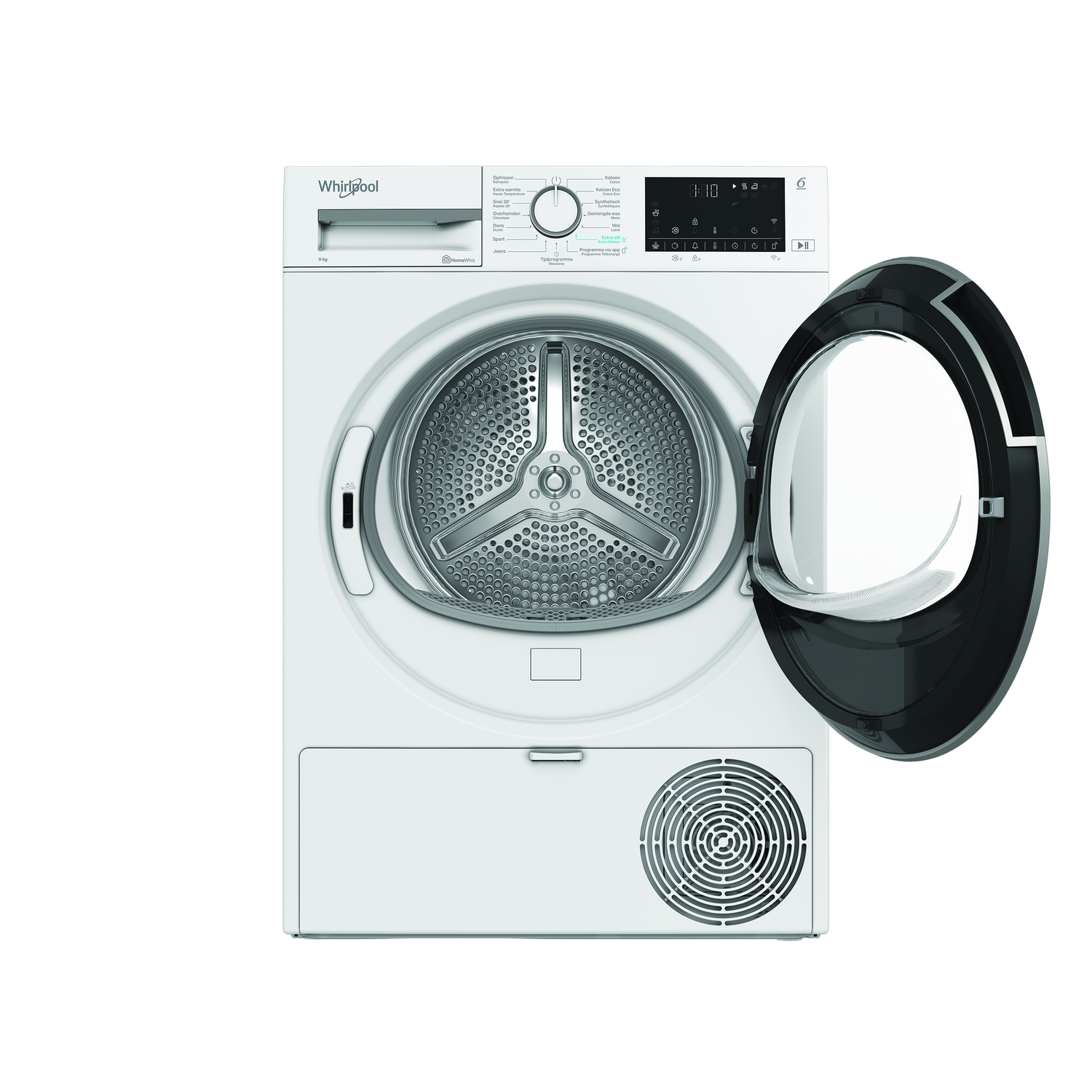 White Whirlpool dryer with open door. Inside, a metal drum. Control panel shows settings and time. Black door frame.