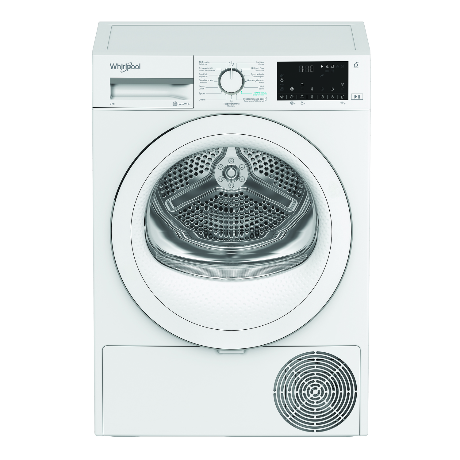A white Whirlpool dryer with a control panel, a round door, and a vent at the bottom. The display shows 1:10.