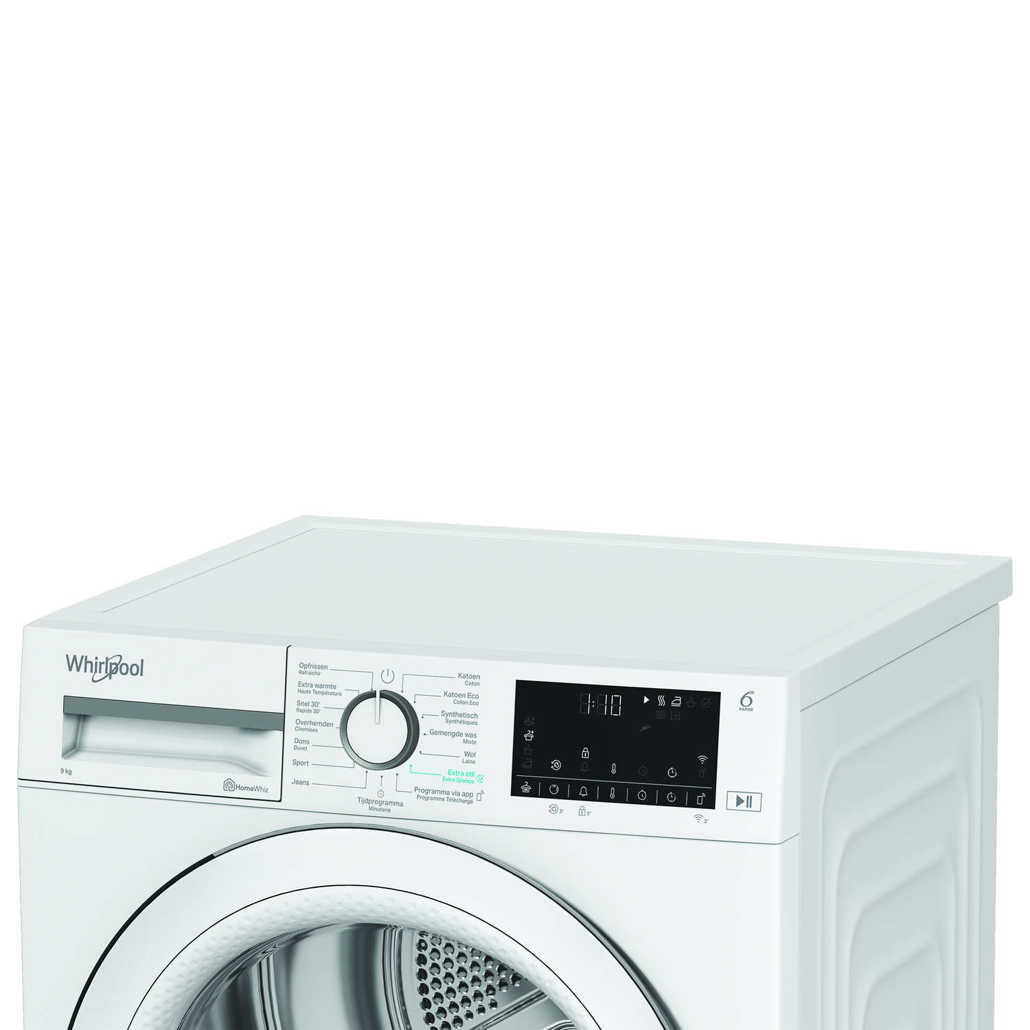 A white Whirlpool dryer. It has a control panel with buttons and a digital display showing the remaining time. The door is closed.