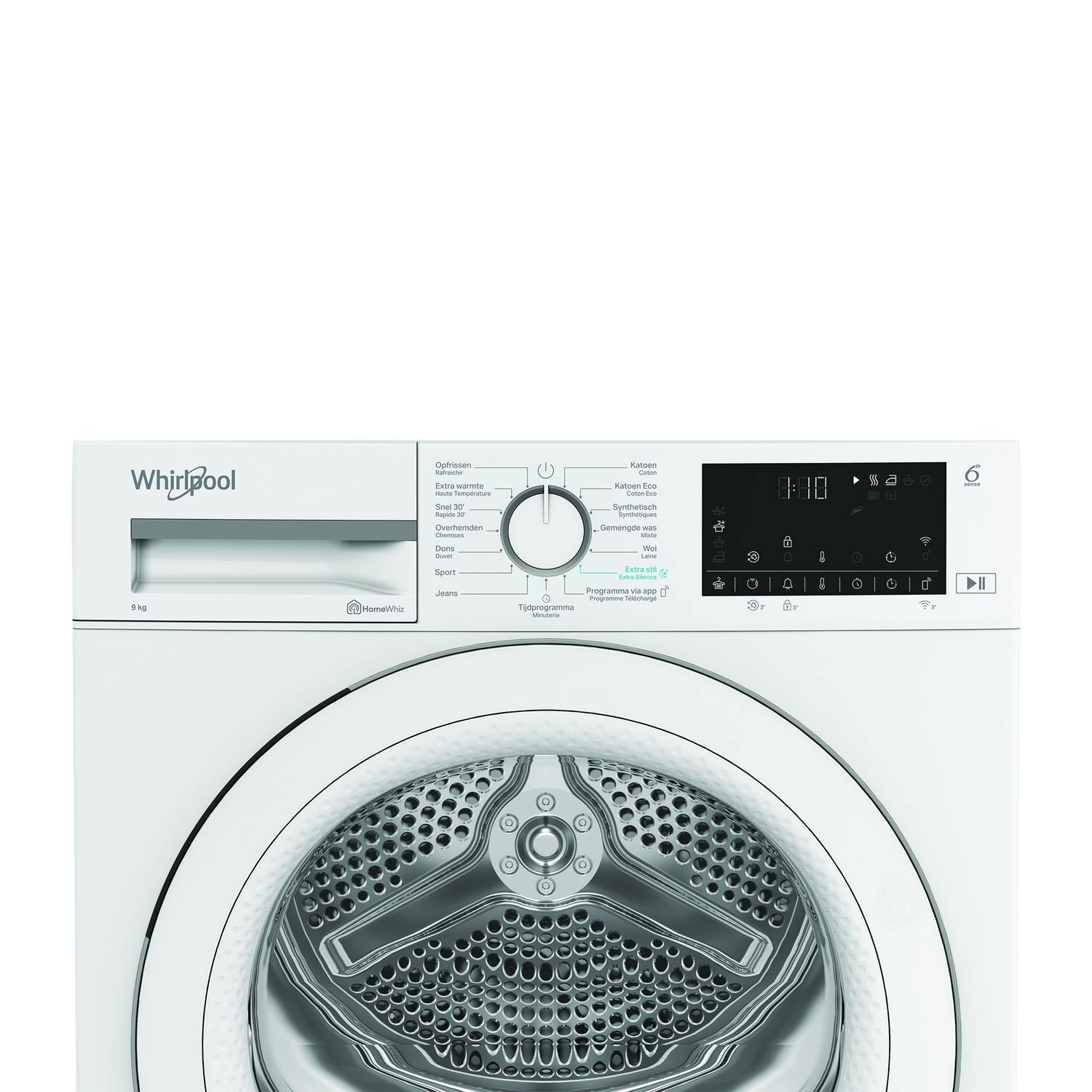 A white Whirlpool dryer with a control panel and a digital display showing time and settings. The drum is visible.