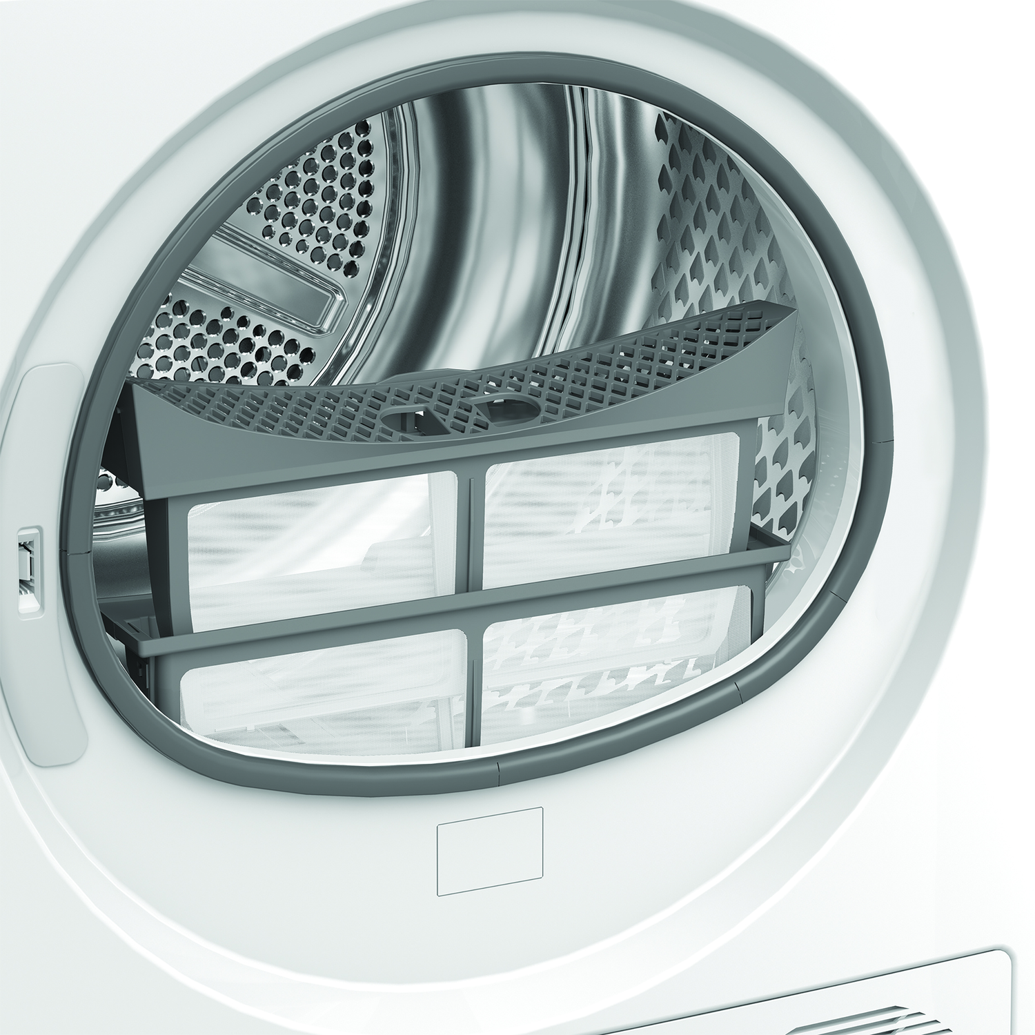 Close-up of a white dryer door, revealing the interior. Filter and drum are visible. Gray filter frame and white filter are in place.