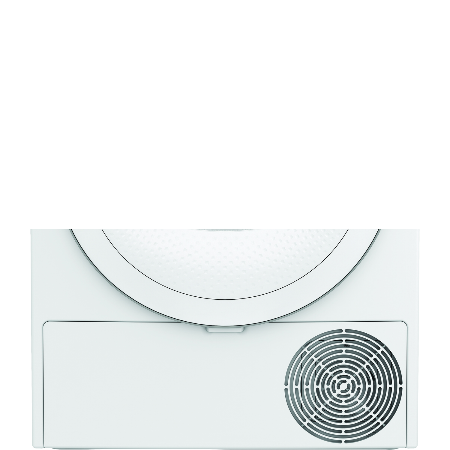 A white dryer machine. It has a circular vent on the bottom right and a curved top with a textured surface.