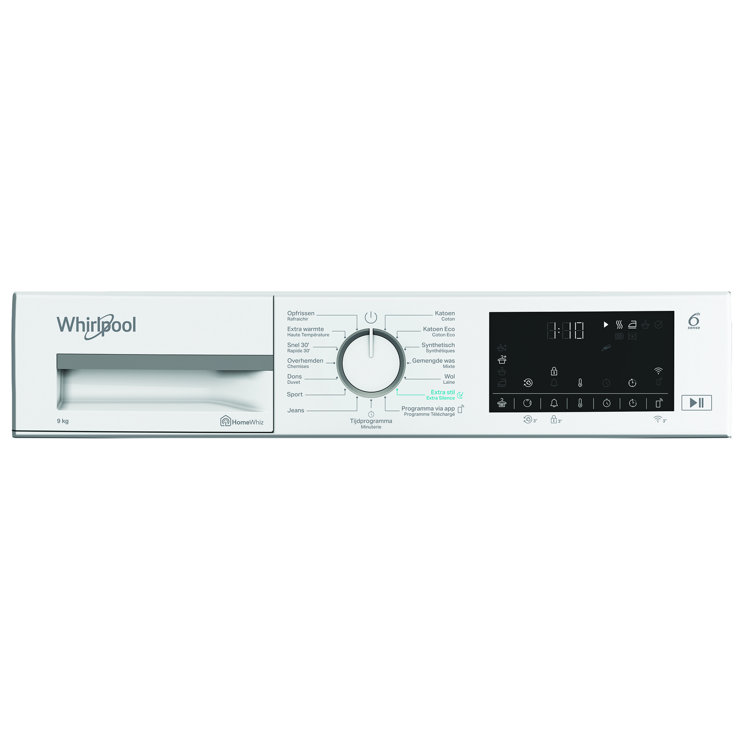 A white Whirlpool washing machine control panel. It has a dial for programs, a digital display, and buttons for settings.