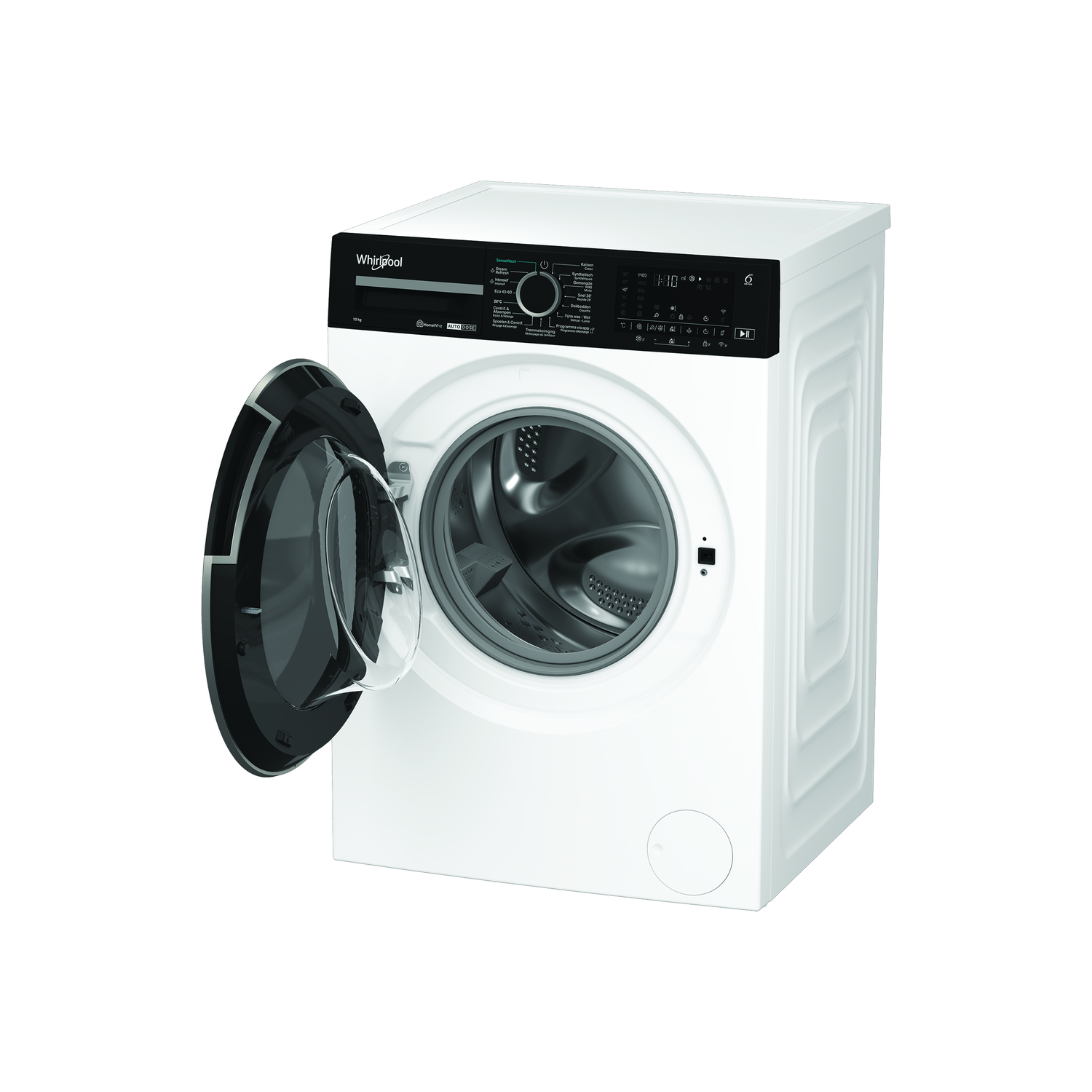 A white Whirlpool washing machine with an open black door. Control panel is black. The drum is visible, and the machine is on a white background.
