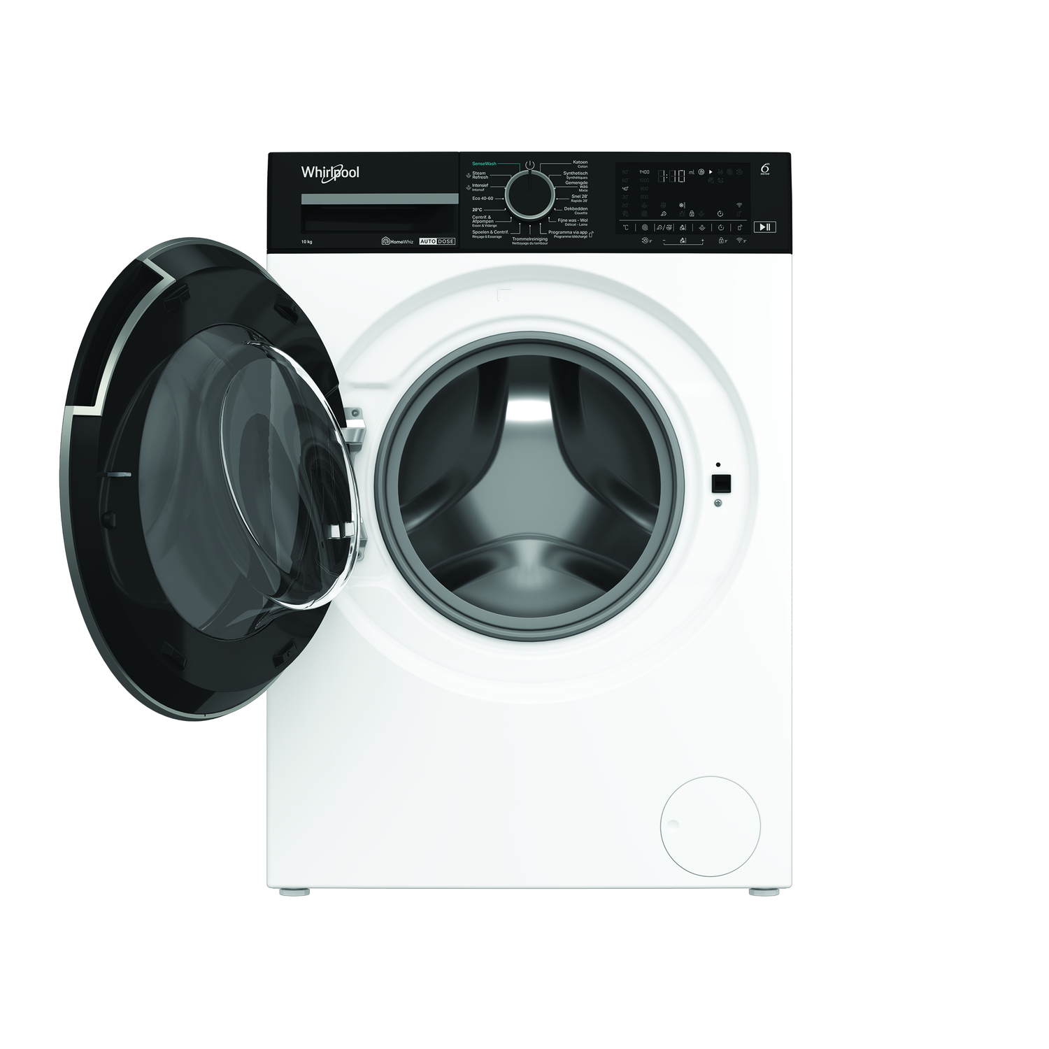 A white Whirlpool washing machine with the door open. The door is black and the control panel is on top.