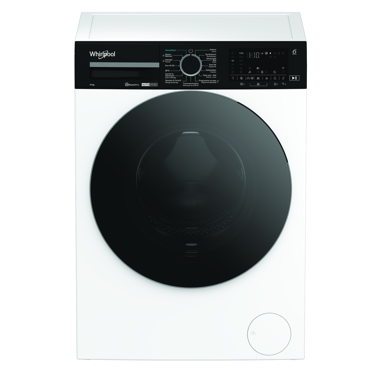 A white Whirlpool washing machine. It has a black door and control panel with buttons and a digital display. The machine is on a white background.