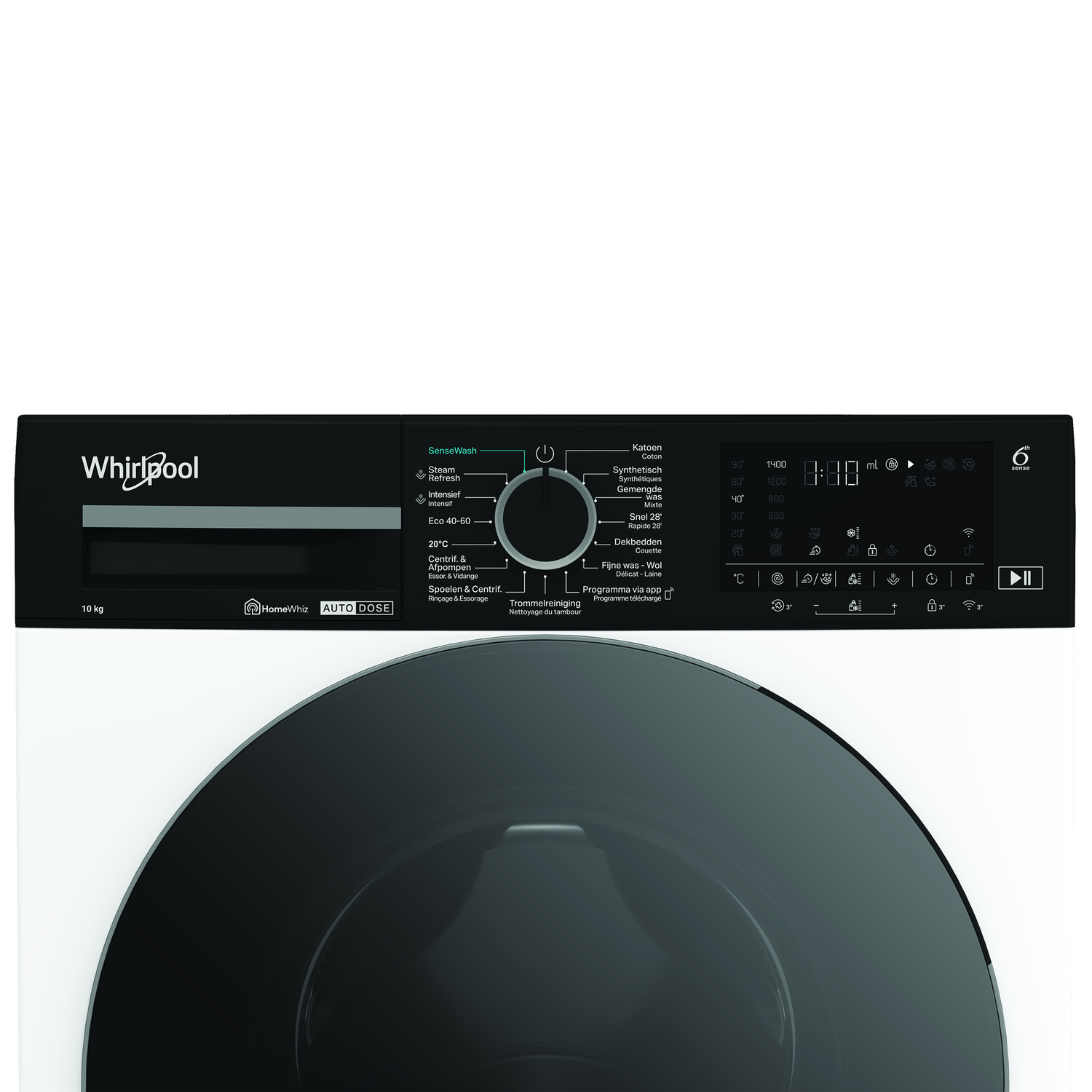 A Whirlpool washing machine. It has a black control panel with various wash settings and a digital display. The door is black.