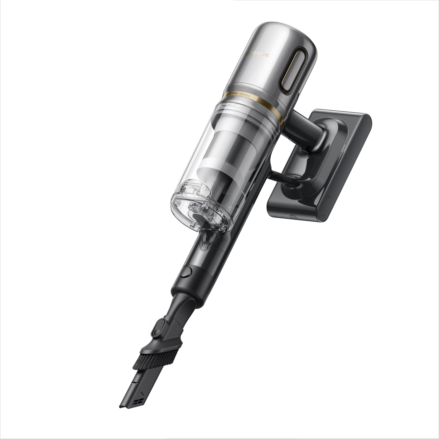 A cordless vacuum cleaner with a silver and black body. The transparent dust container reveals the internal components. It's on a white background.
