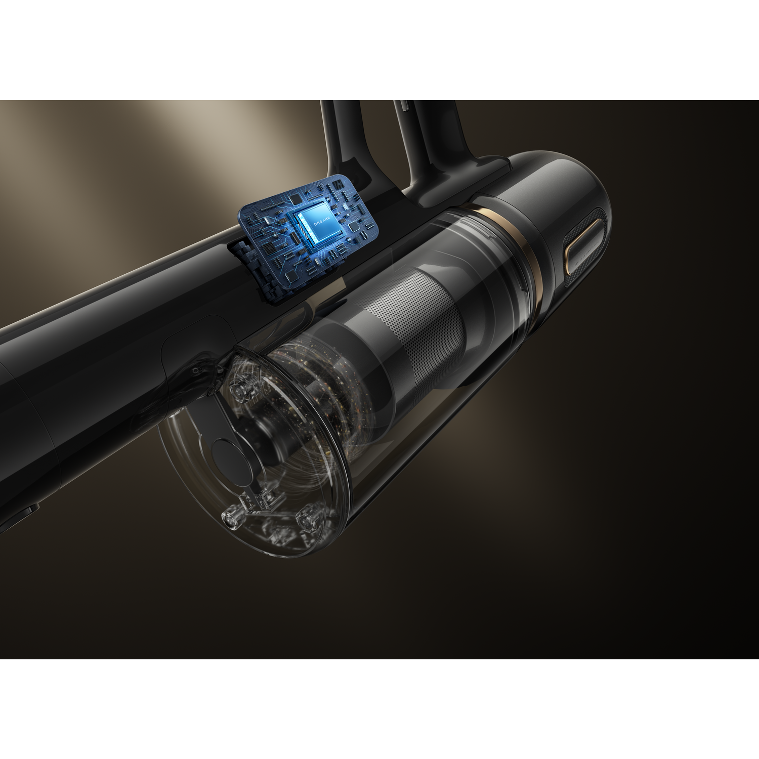 Close-up of a black and transparent vacuum cleaner, with a blue circuit board and gold accents. The design is modern and sleek.
