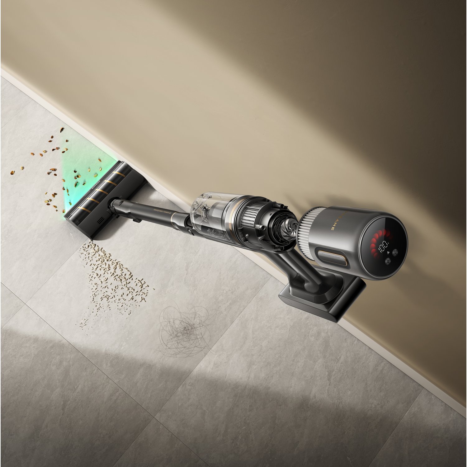 A cordless vacuum cleaner cleans a floor. Debris and hair are visible. The vacuum has a digital display showing 100%.