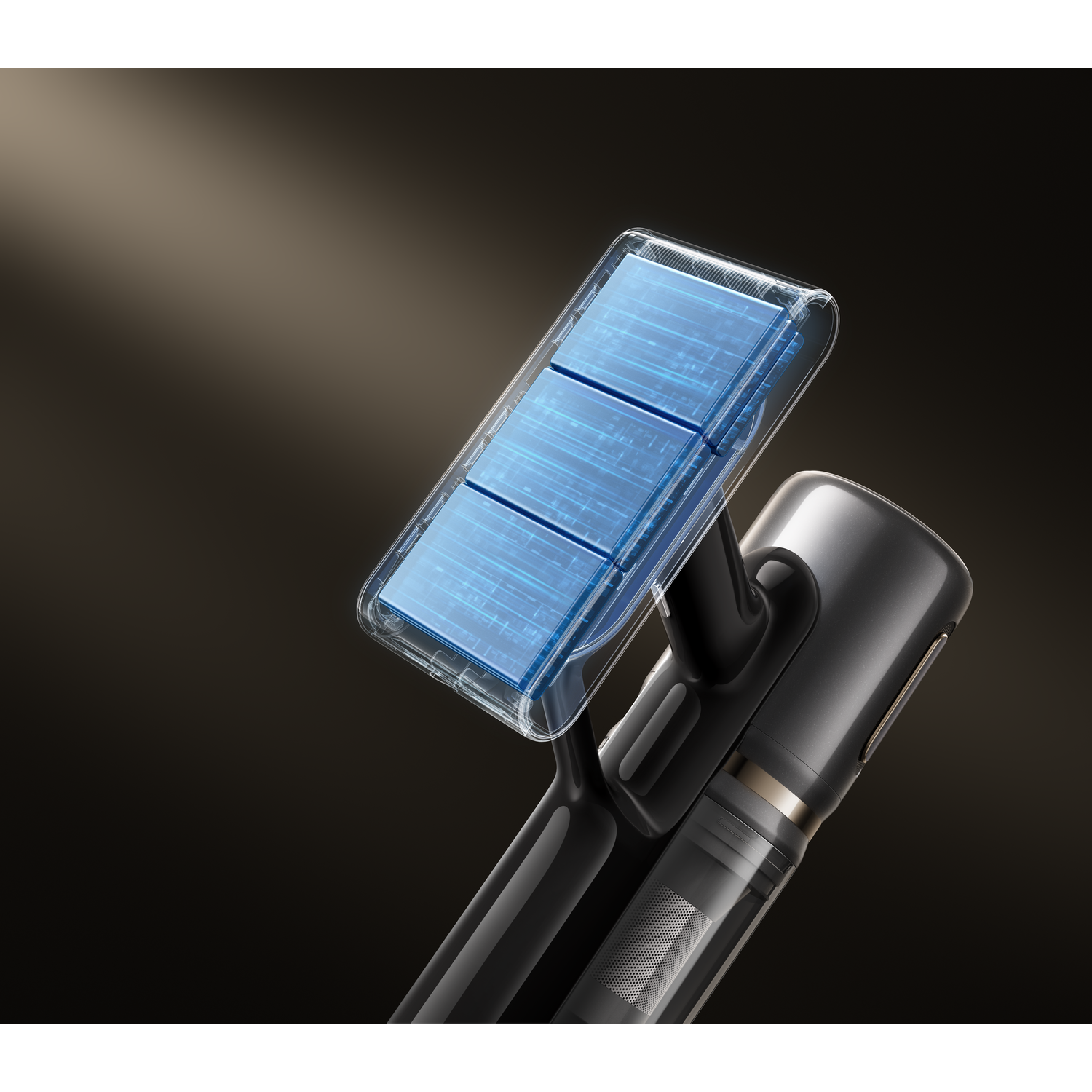Close-up of a black and silver vacuum cleaner. A blue rectangular panel is visible, and background is dark with a gradient.